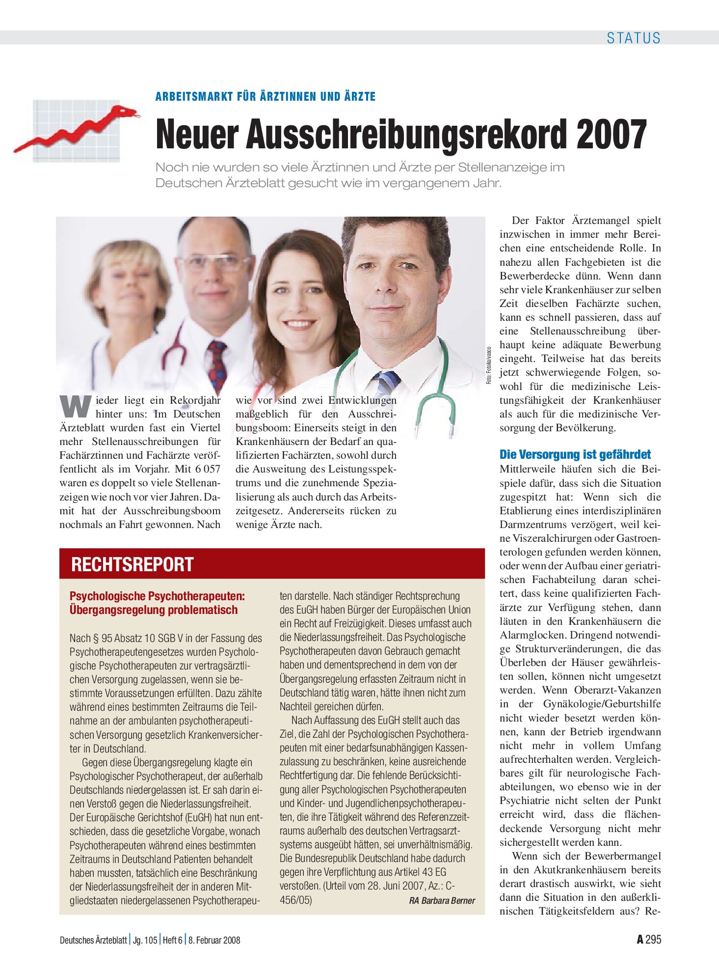 Vorschauseite 1: Arbeitsmarkt für Ärztinnen und Ärzte: Neuer Ausschreibungsrekord 2007 – Deutsches Ärzteblatt
