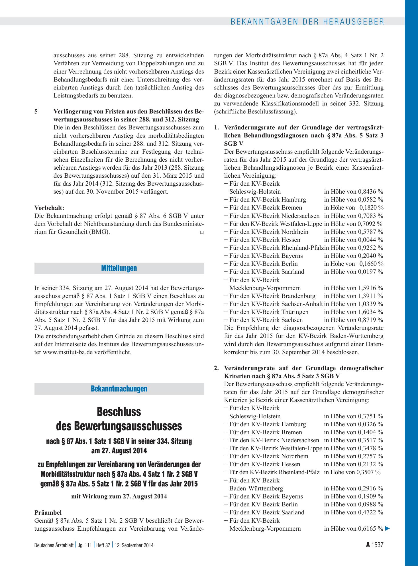 Vorschauseite 1: Beschluss des Bewertungsausschusses nach § 87 Abs. 1 Satz 1 SGB V in seiner 334. Sitzung am 27. August 2014 zu Empfehlungen zur Vereinbarung von Veränderungen der Morbiditätsstruk…
