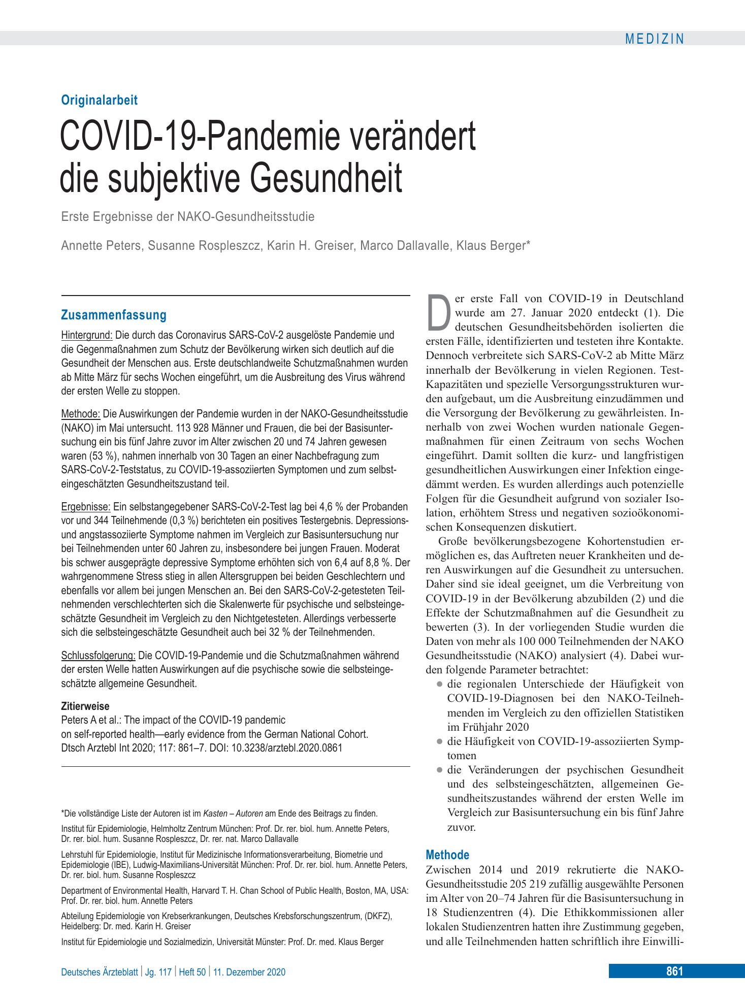 Vorschauseite 1: COVID-19-Pandemie verändert die subjektive Gesundheit – Deutsches Ärzteblatt