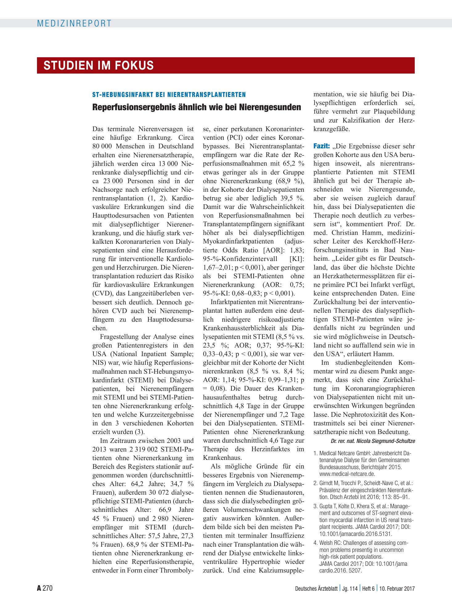 Vorschauseite 1: ST-Hebungsinfarkt bei nierentransplantierten: Reperfusionsergebnis ähnlich wie bei Nierengesunden – Deutsches Ärzteblatt