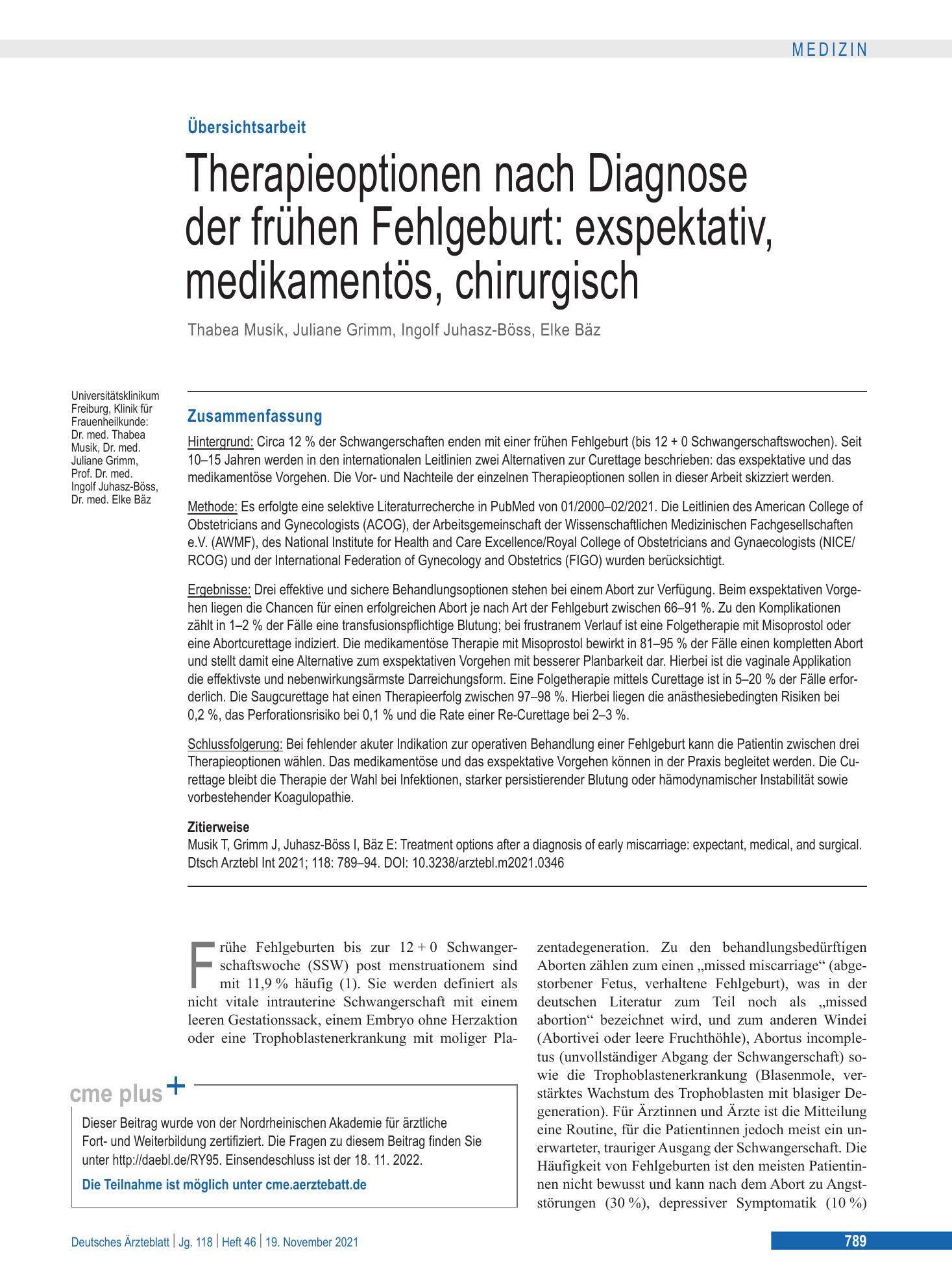 Vorschauseite 1: Therapieoptionen nach Diagnose der frühen Fehlgeburt: exspektativ, medikamentös, chirurgisch – Deutsches Ärzteblatt
