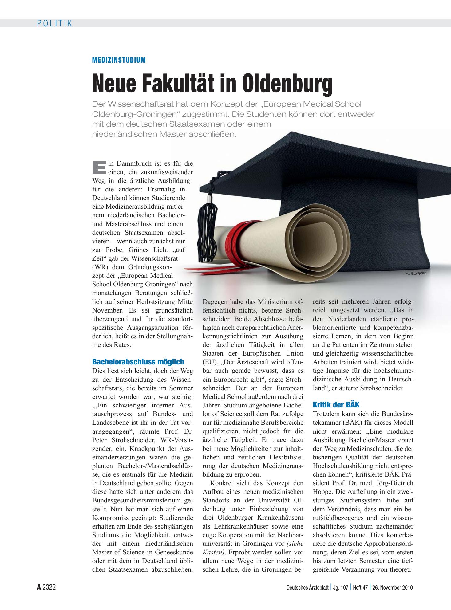 Vorschauseite 1: Medizinstudium: Neue Fakultät in Oldenburg – Deutsches Ärzteblatt