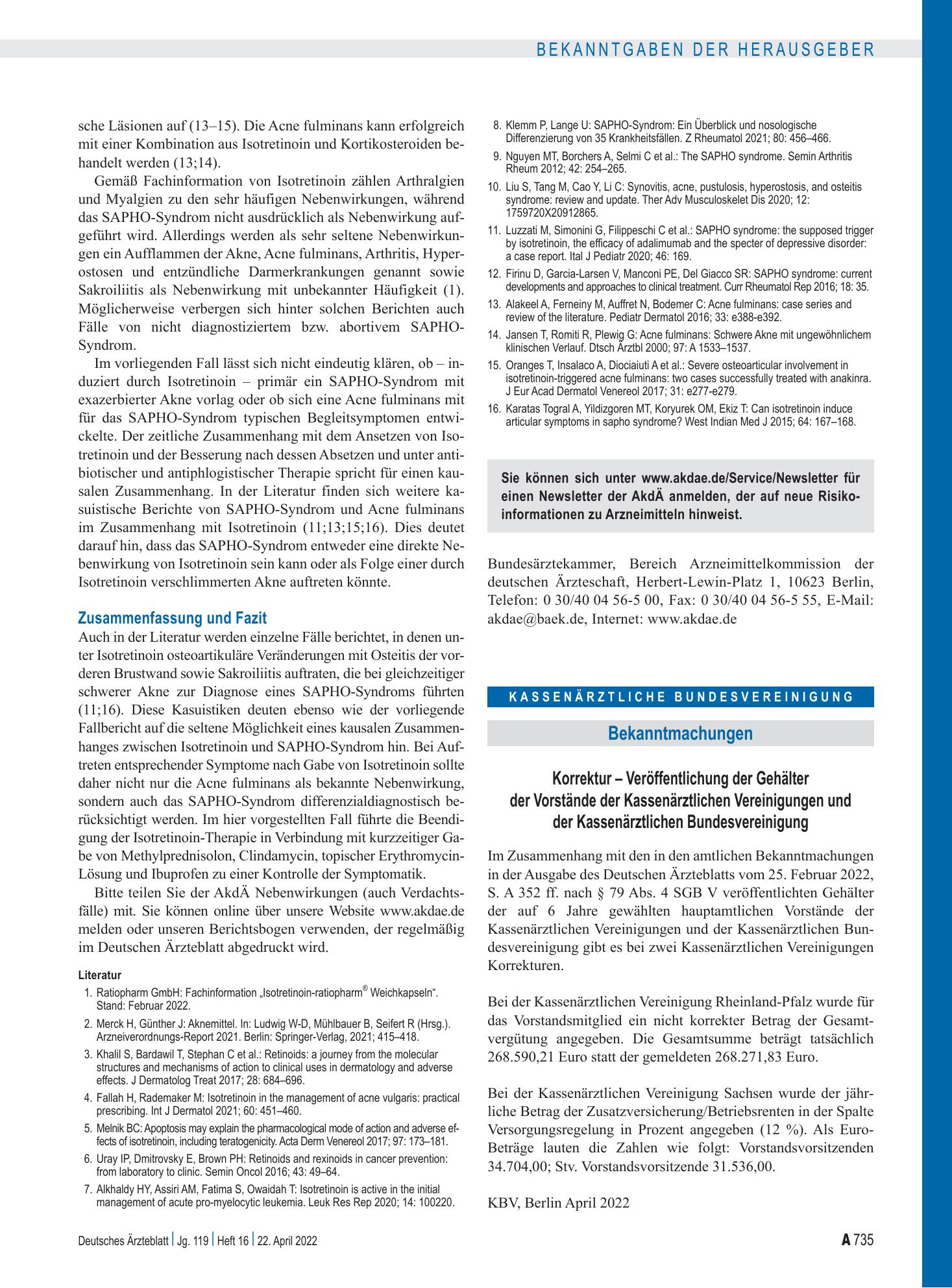 Vorschauseite 1: Korrektur – Veröffentlichung der Gehälter der Vorstände der Kassenärztlichen Vereinigungen und der Kassenärztlichen Bundesvereinigung – Deutsches Ärzteblatt