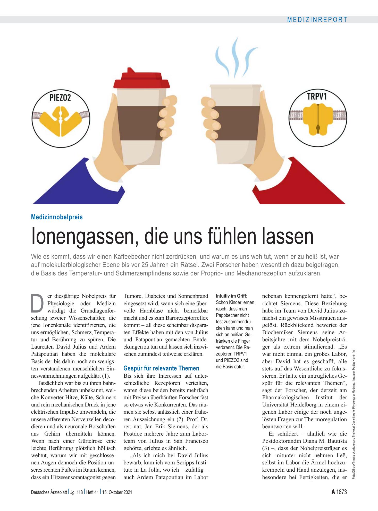 Vorschauseite 1: Medizinnobelpreis: Ionengassen, die uns fühlen lassen – Deutsches Ärzteblatt