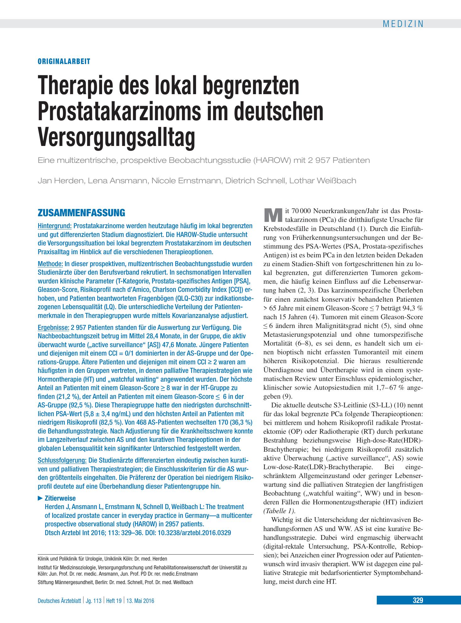 Vorschauseite 1: Therapie des lokal begrenzten Prostatakarzinoms im deutschen Versorgungsalltag – Deutsches Ärzteblatt