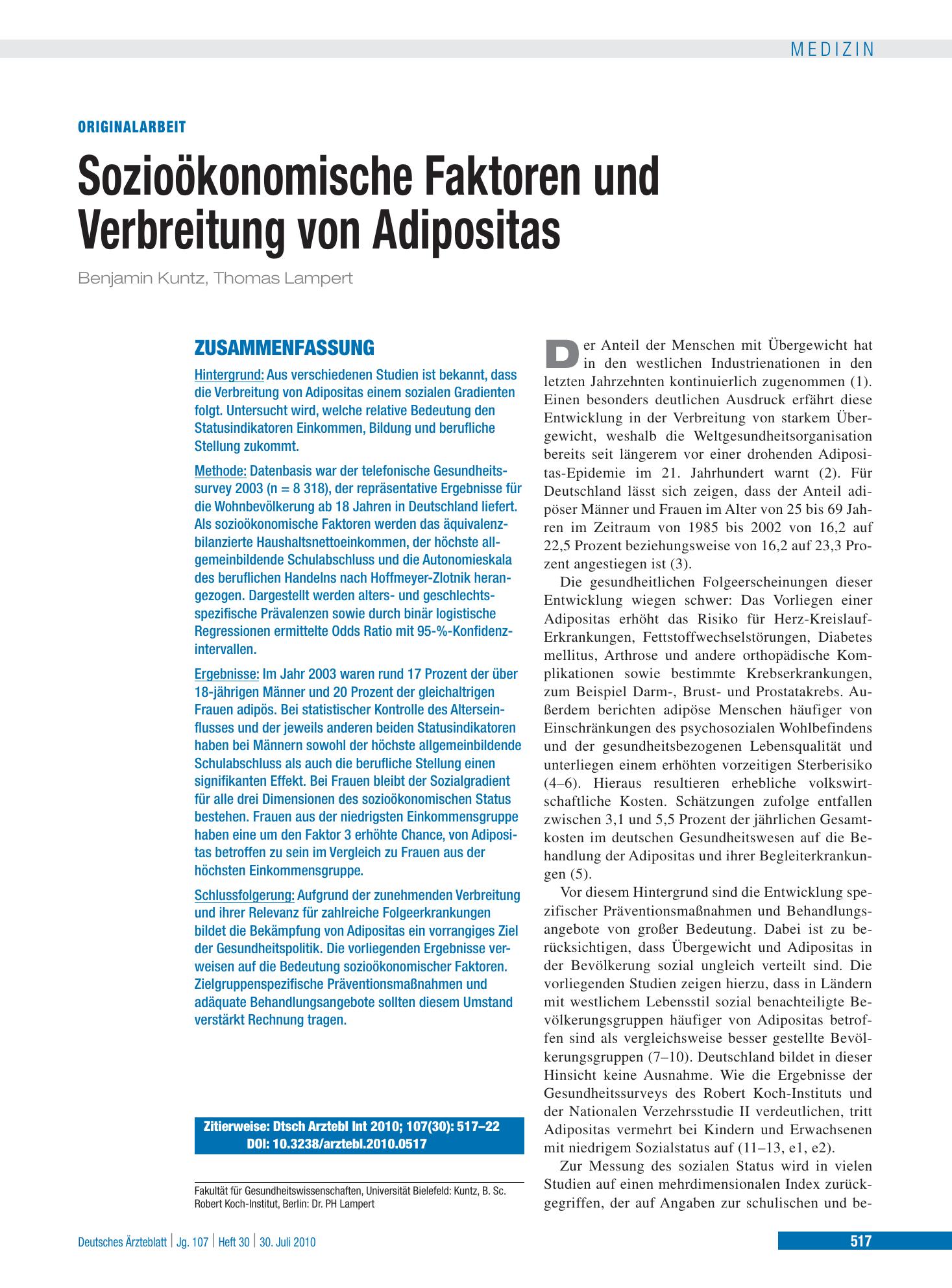 Vorschauseite 1: Sozioökonomische Faktoren und Verbreitung von Adipositas – Deutsches Ärzteblatt