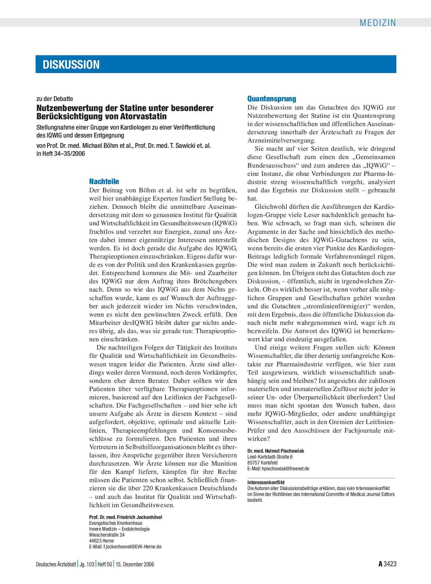 Vorschauseite 1: Nutzenbewertung der Statine unter besonderer Berücksichtigung von Atorvastatin – Stellungnahme einer Gruppe von Kardiologen zu einer Veröffentlichung des IQWIG und dessen Entgegnu…