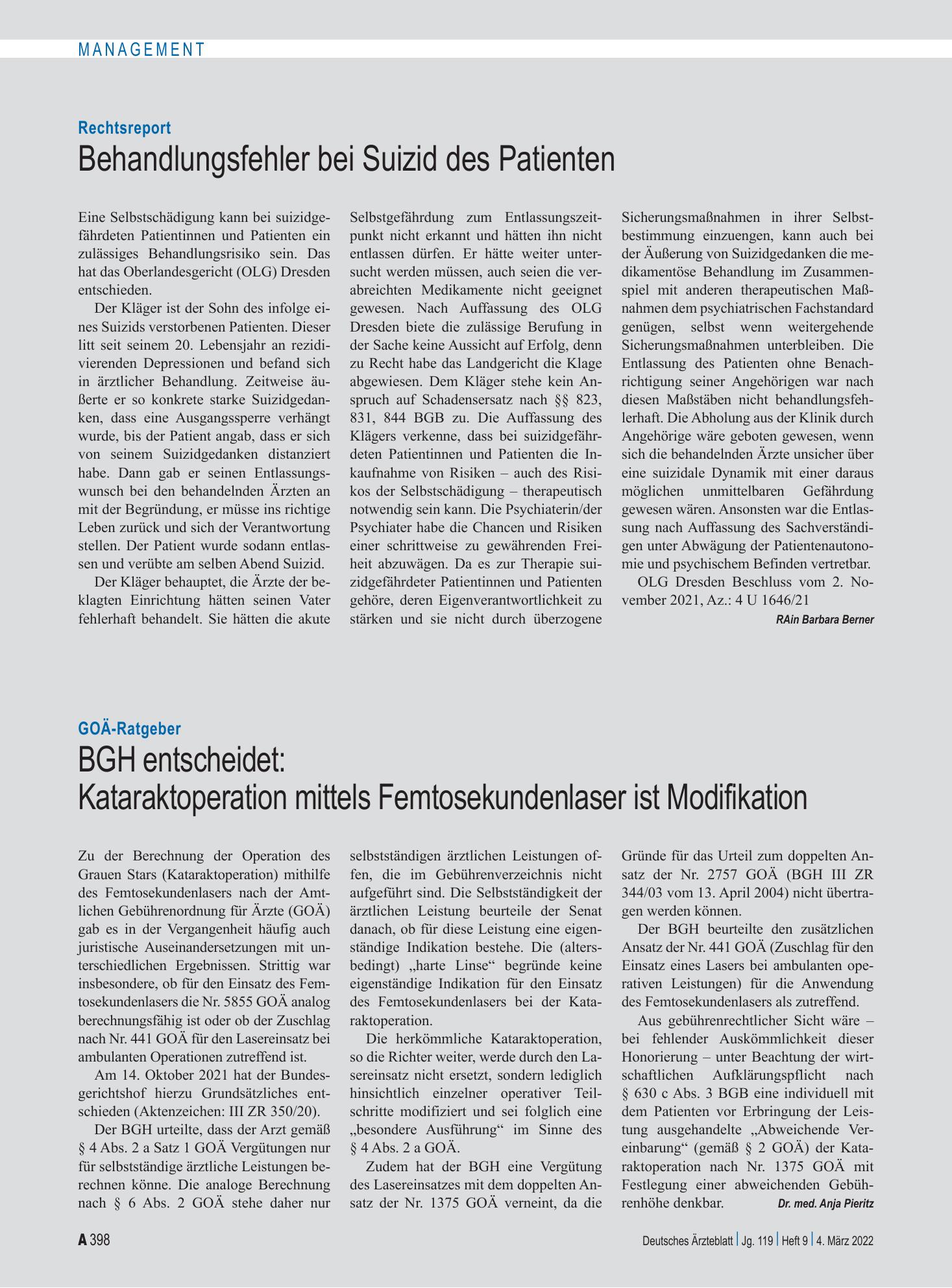 Vorschauseite 1: Rechtsreport: Behandlungsfehler bei Suizid des Patienten – Deutsches Ärzteblatt