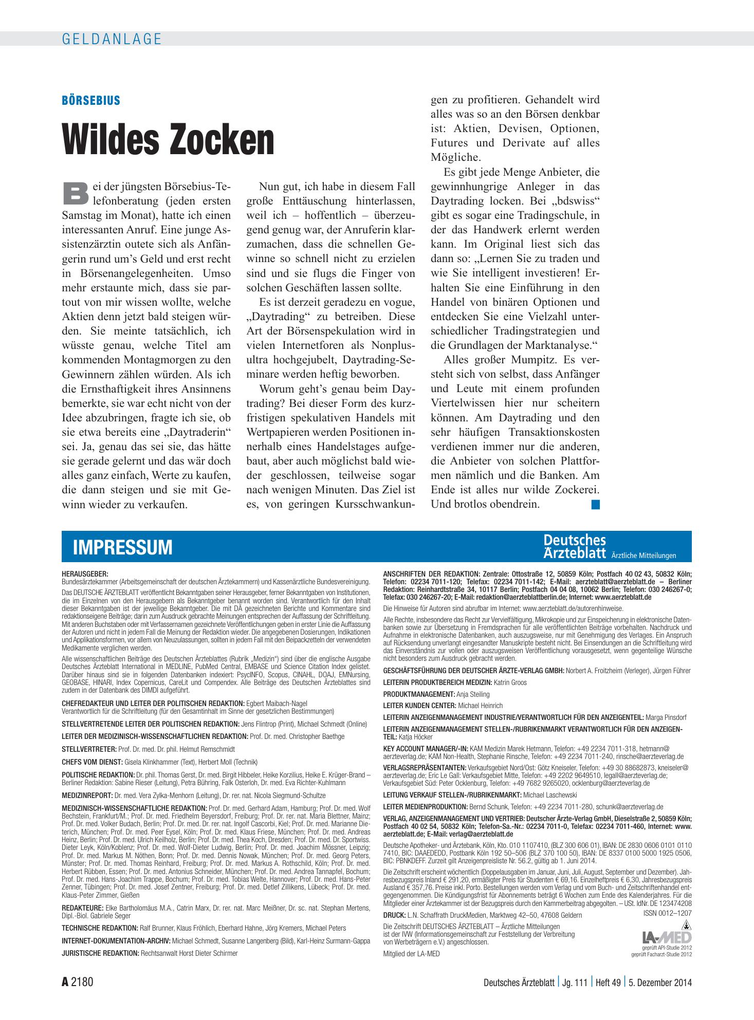 Vorschauseite 1: Börsebius: Wildes Zocken – Deutsches Ärzteblatt