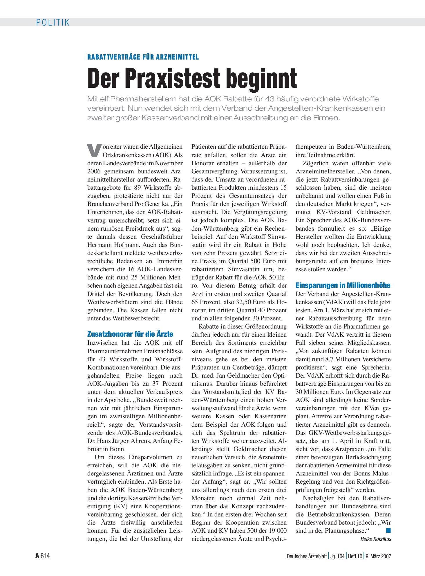 Vorschauseite 1: Rabattverträge für Arzneimittel: Der Praxistest beginnt – Deutsches Ärzteblatt