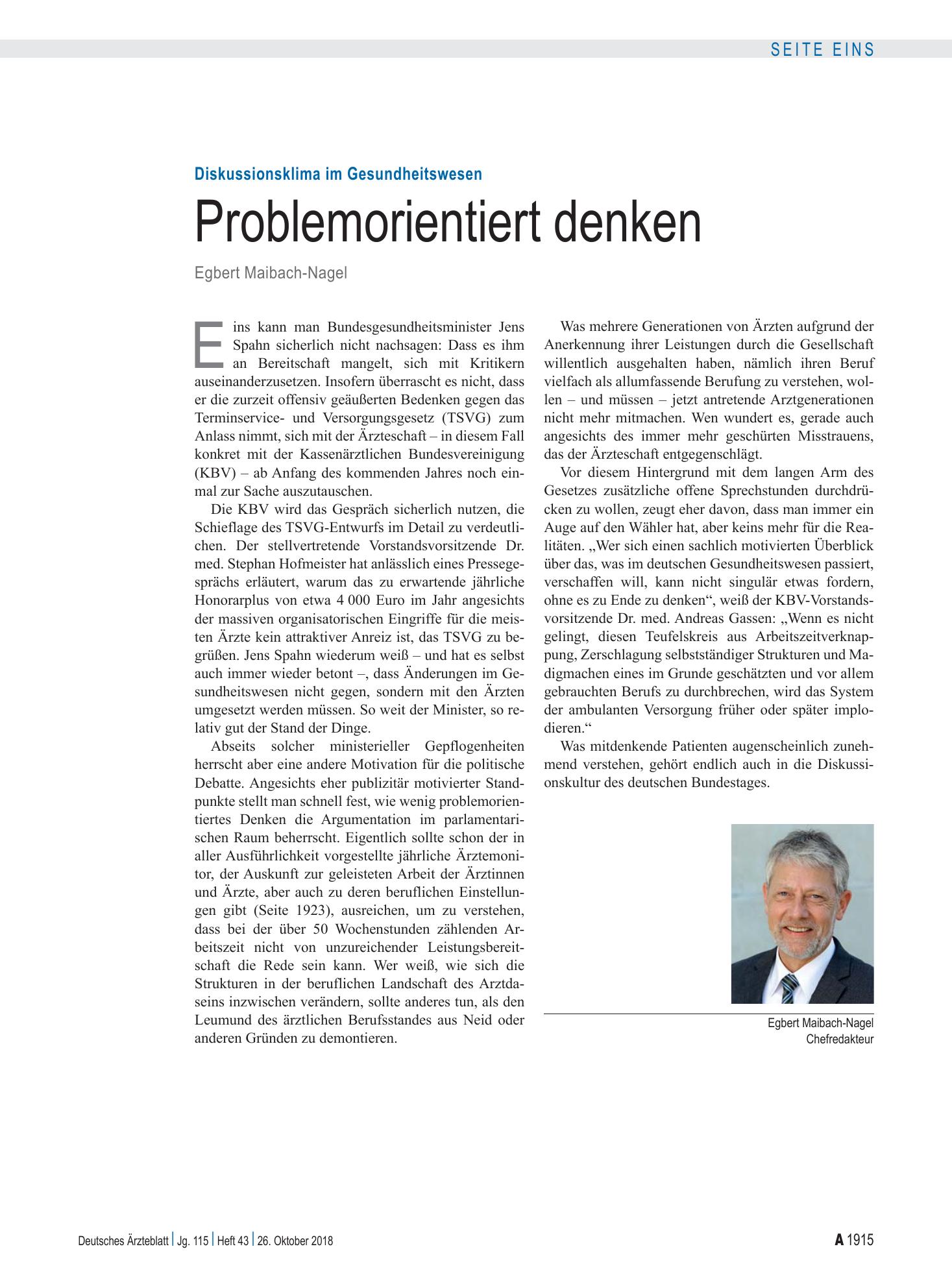 Vorschauseite 1: Diskussionsklima im Gesundheitswesen: Problemorientiert denken – Deutsches Ärzteblatt