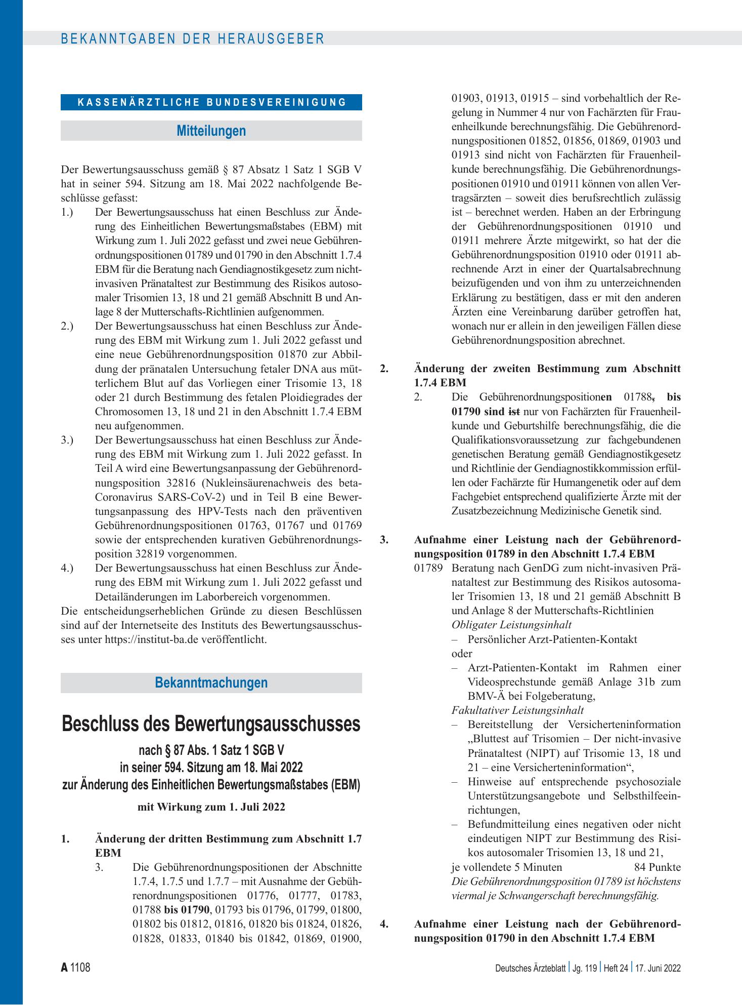 Vorschauseite 1: Beschluss des Bewertungsausschusses nach § 87 Abs. 1 Satz 1 SGB V in seiner 594. Sitzung am 18. Mai 2022 zur Änderung des Einheitlichen Bewertungsmaßstabes (EBM) – Deutsches Ärzte…