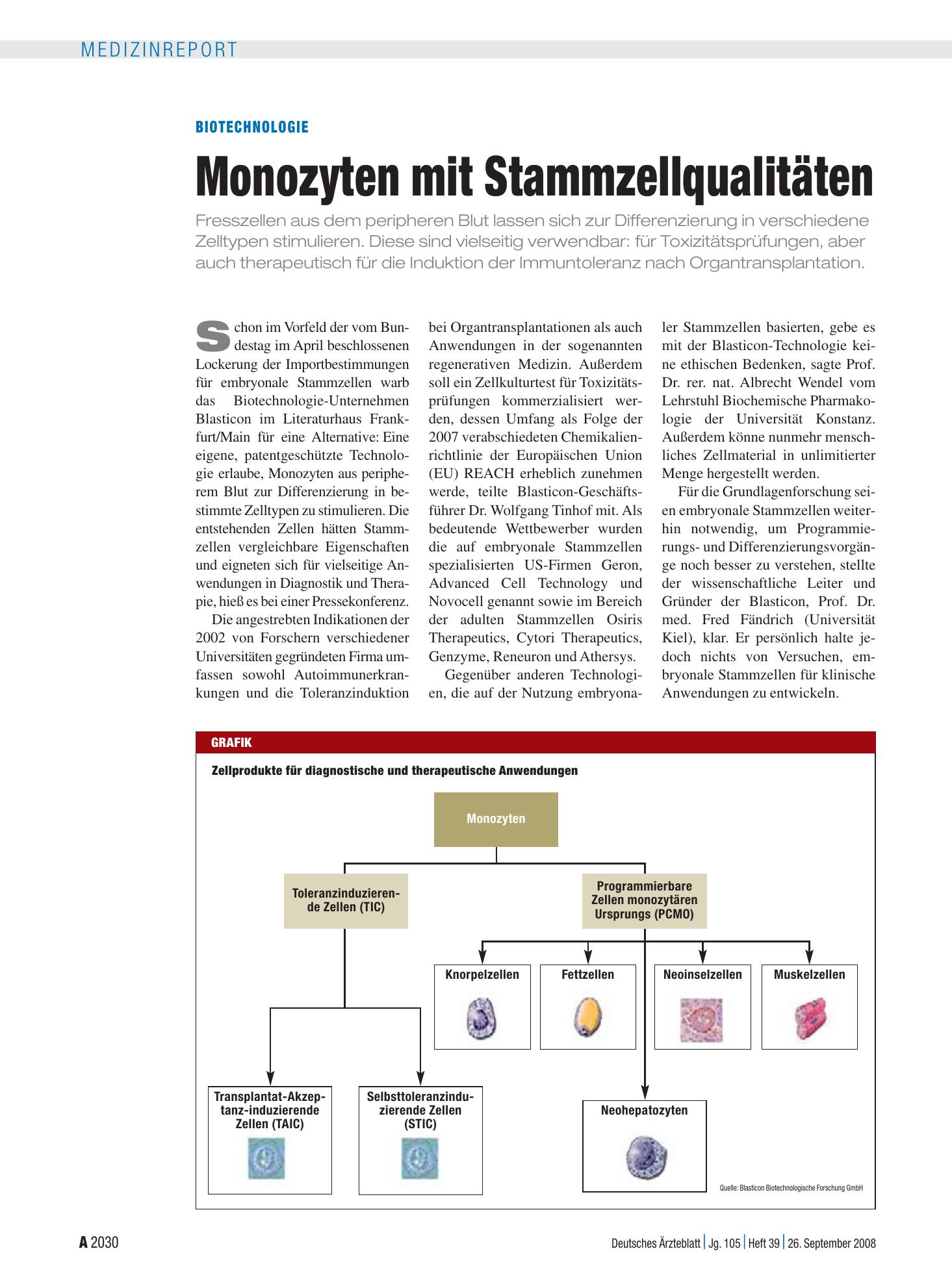 Vorschauseite 1: Biotechnologie: Monozyten mit Stammzellqualitäten – Deutsches Ärzteblatt
