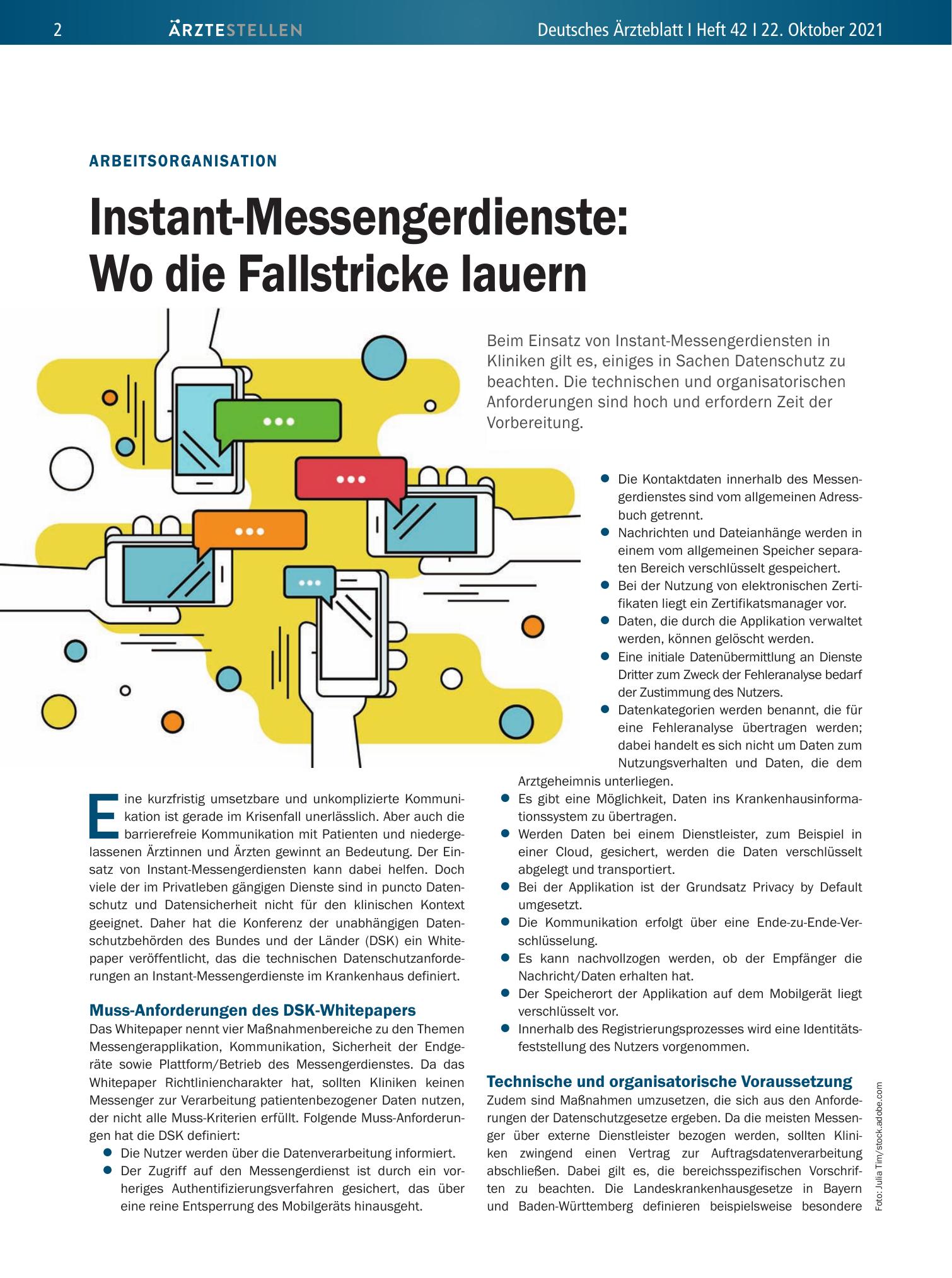 Vorschauseite 1: Arbeitsorganisation: Instant-Messengerdienste – Wo die Fallstricke lauern – Deutsches Ärzteblatt
