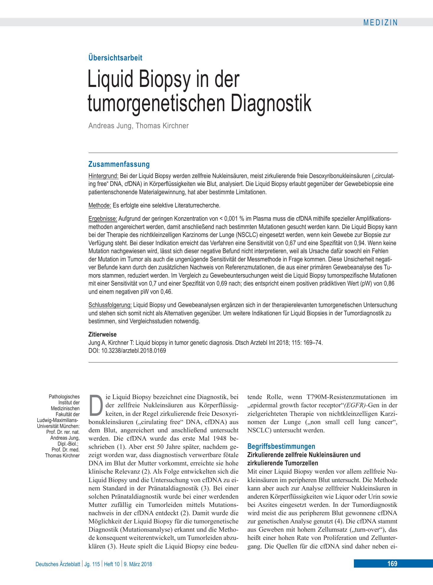 Vorschauseite 1: Liquid Biopsy in der tumorgenetischen Diagnostik – Deutsches Ärzteblatt