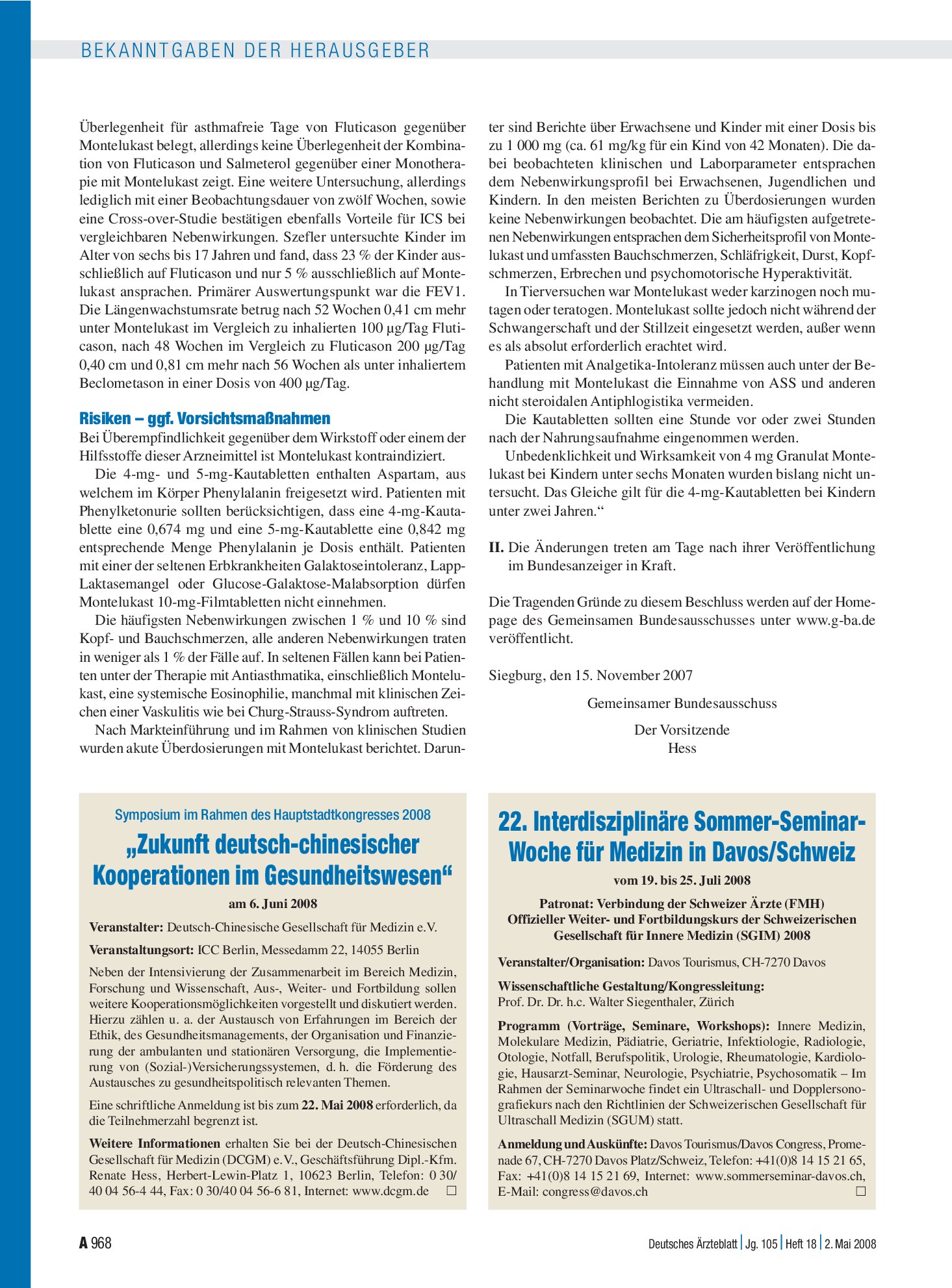 Vorschauseite 1: Symposium im Rahmen des Hauptstadtkongresses 2008: „Zukunft deutsch-chinesischer Kooperationen im Gesundheitswesen“ am 6. Juni 2008 – Deutsches Ärzteblatt