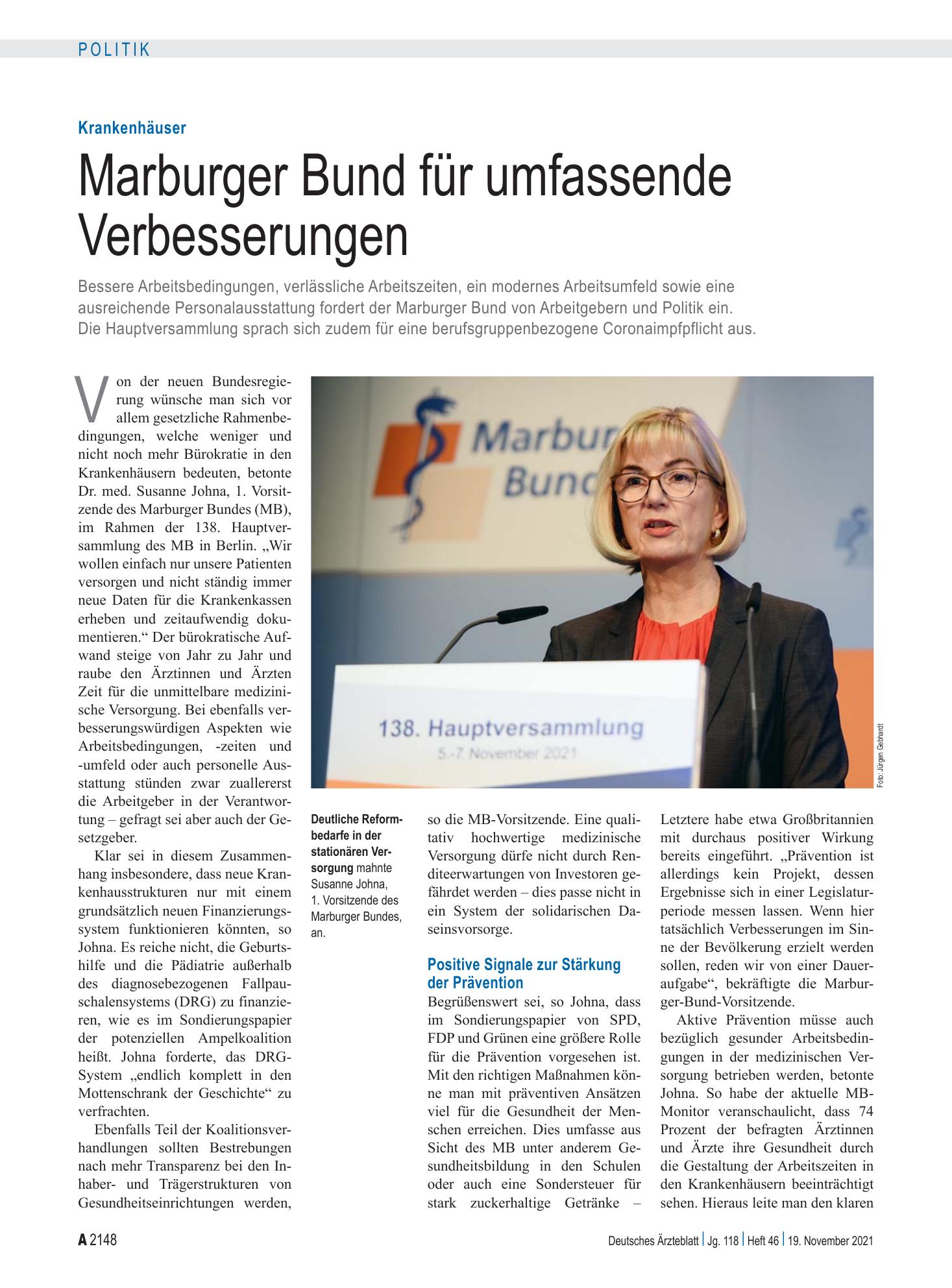 Vorschauseite 1: Krankenhäuser: Marburger Bund für umfassende Verbesserungen – Deutsches Ärzteblatt