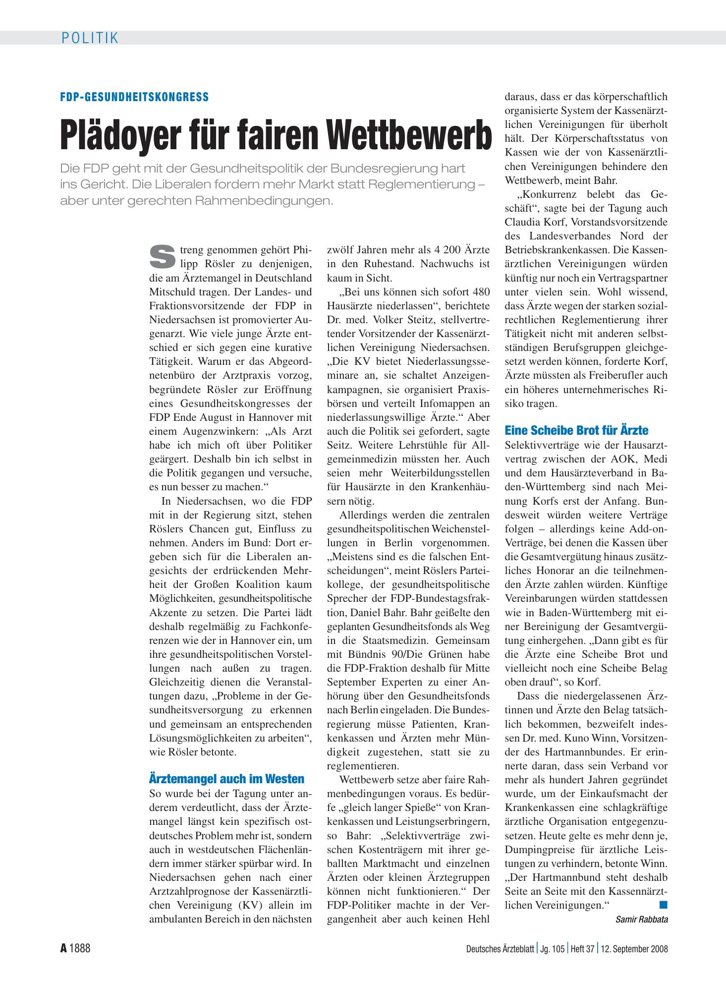 Vorschauseite 1: FDP-Gesundheitskongress: Plädoyer für fairen Wettbewerb – Deutsches Ärzteblatt
