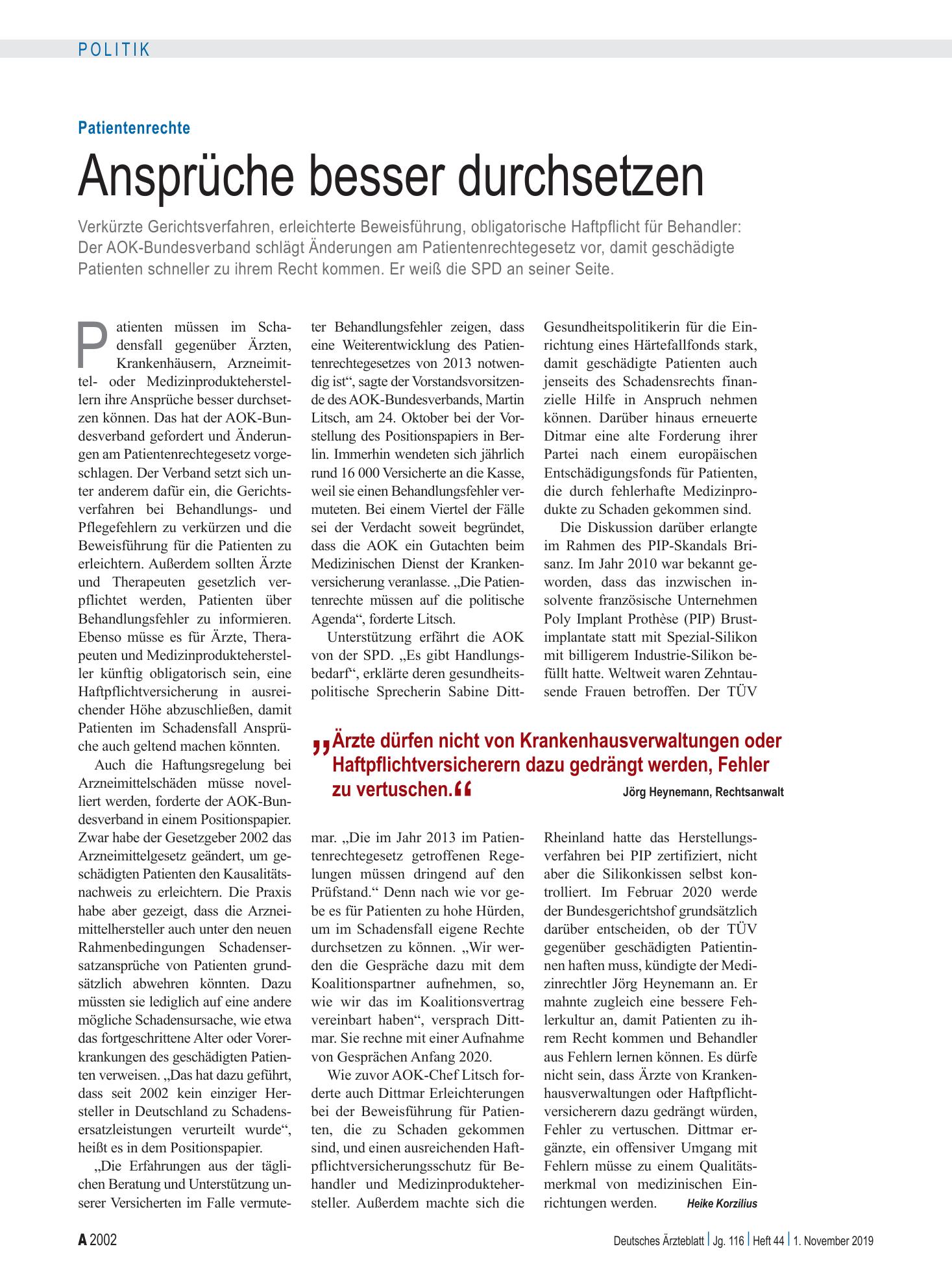 Vorschauseite 1: Patientenrechte: Ansprüche besser durchsetzen – Deutsches Ärzteblatt