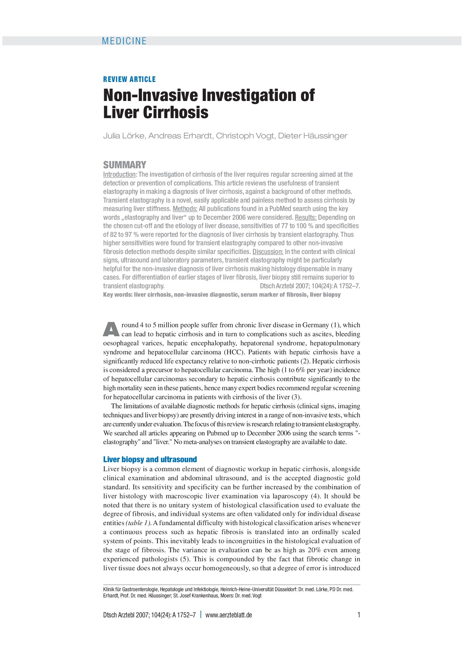 Vorschauseite 1: Nicht invasive Diagnostik der Leberzirrhose – Deutsches Ärzteblatt