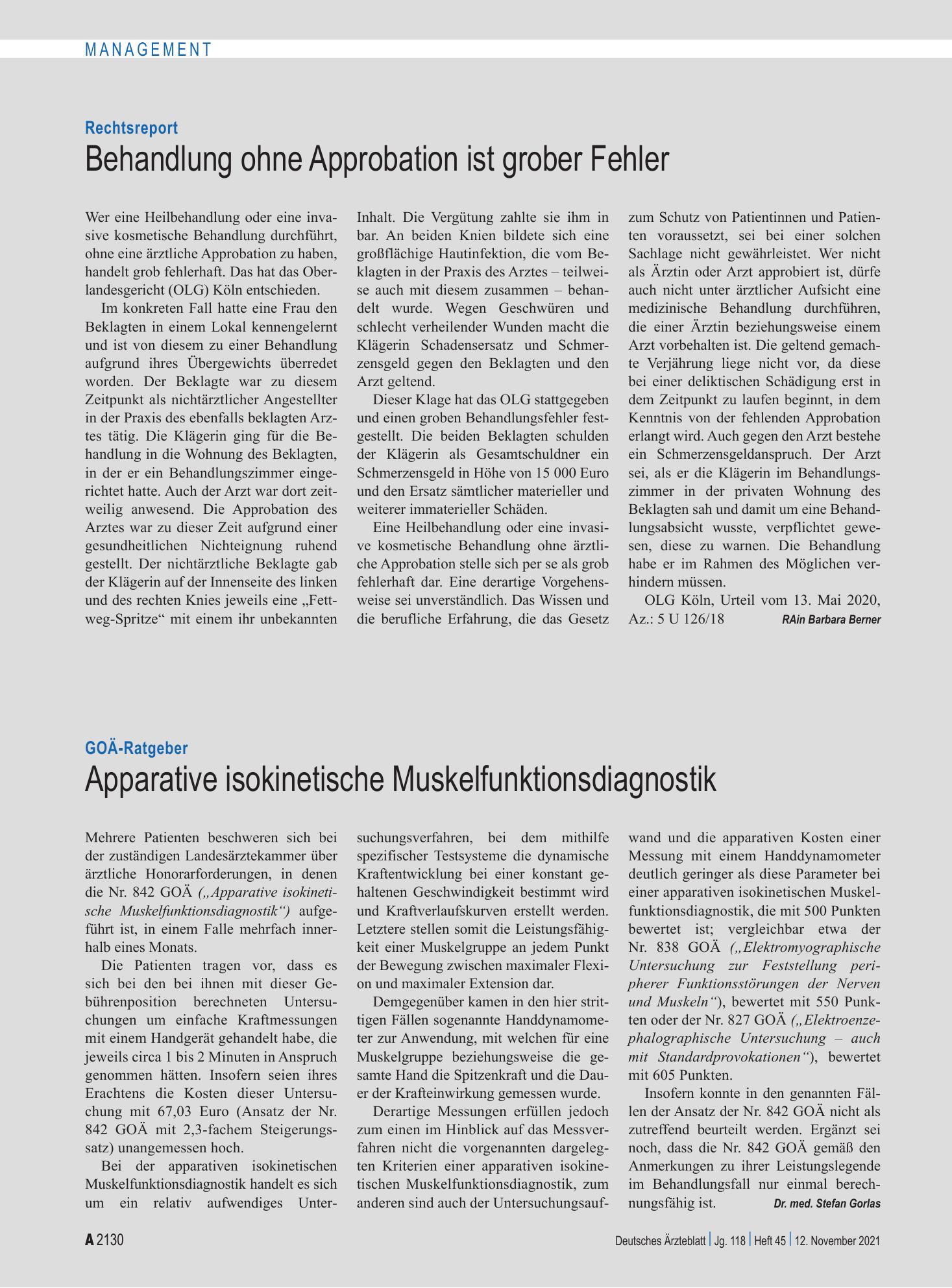 Vorschauseite 1: Rechtsreport: Behandlung ohne Approbation ist grober Fehler – Deutsches Ärzteblatt