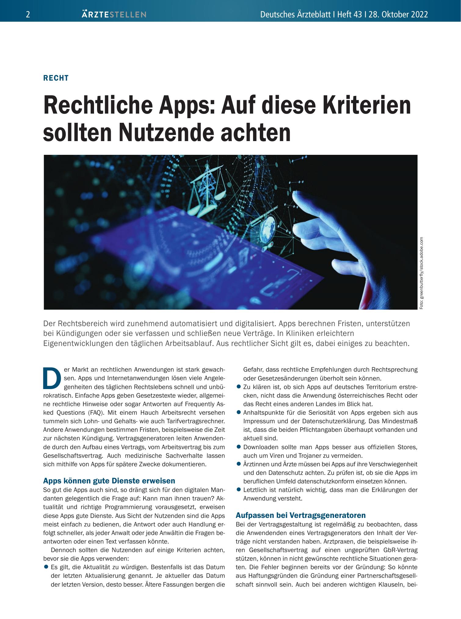 Vorschauseite 1: Recht: Rechtliche Apps – Auf diese Kriterien sollten Nutzende achten – Deutsches Ärzteblatt