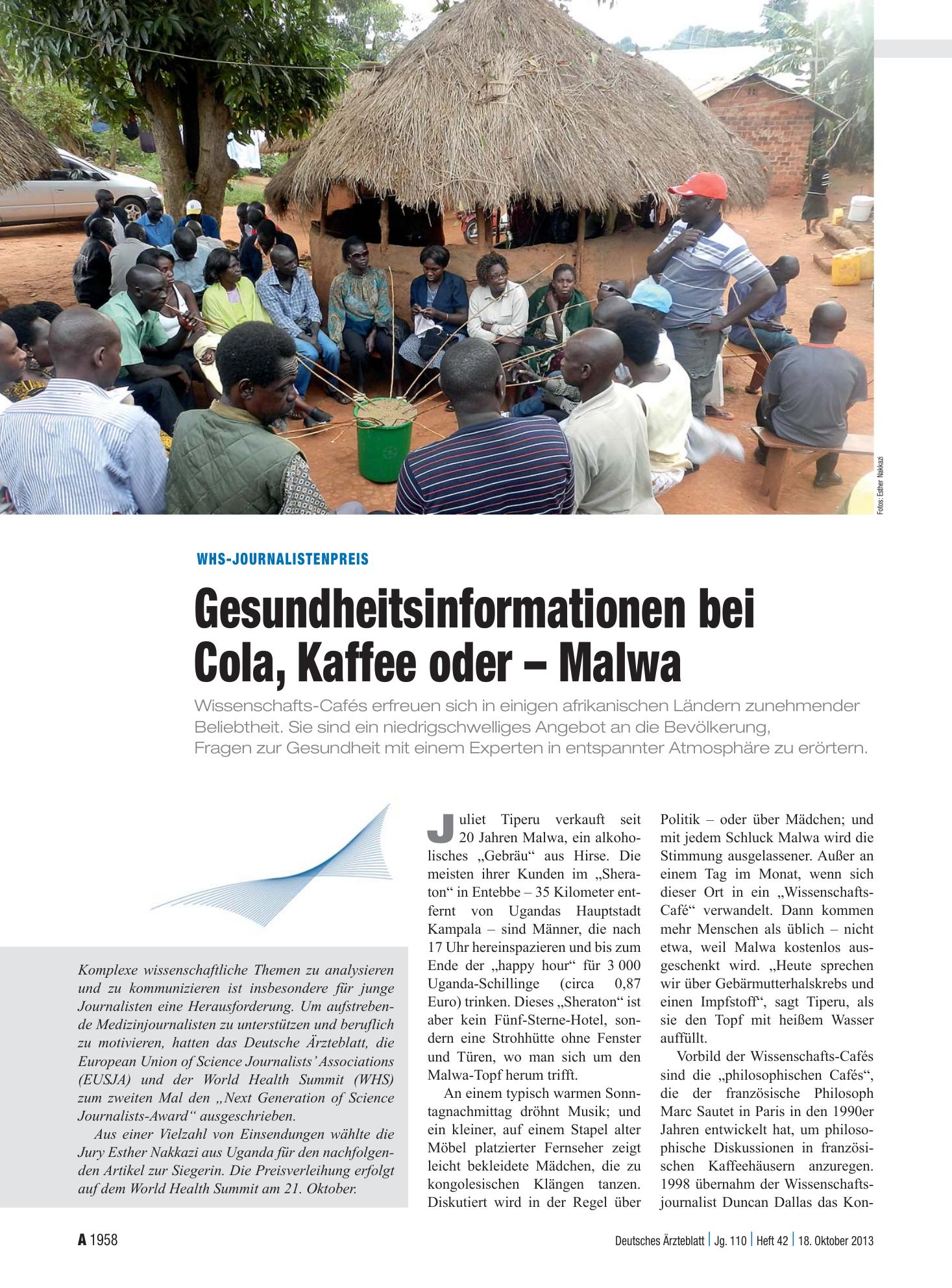 Vorschauseite 1: WHS-Journalistenpreis: Gesundheitsinformationen bei Cola, Kaffee oder – Malwa – Deutsches Ärzteblatt