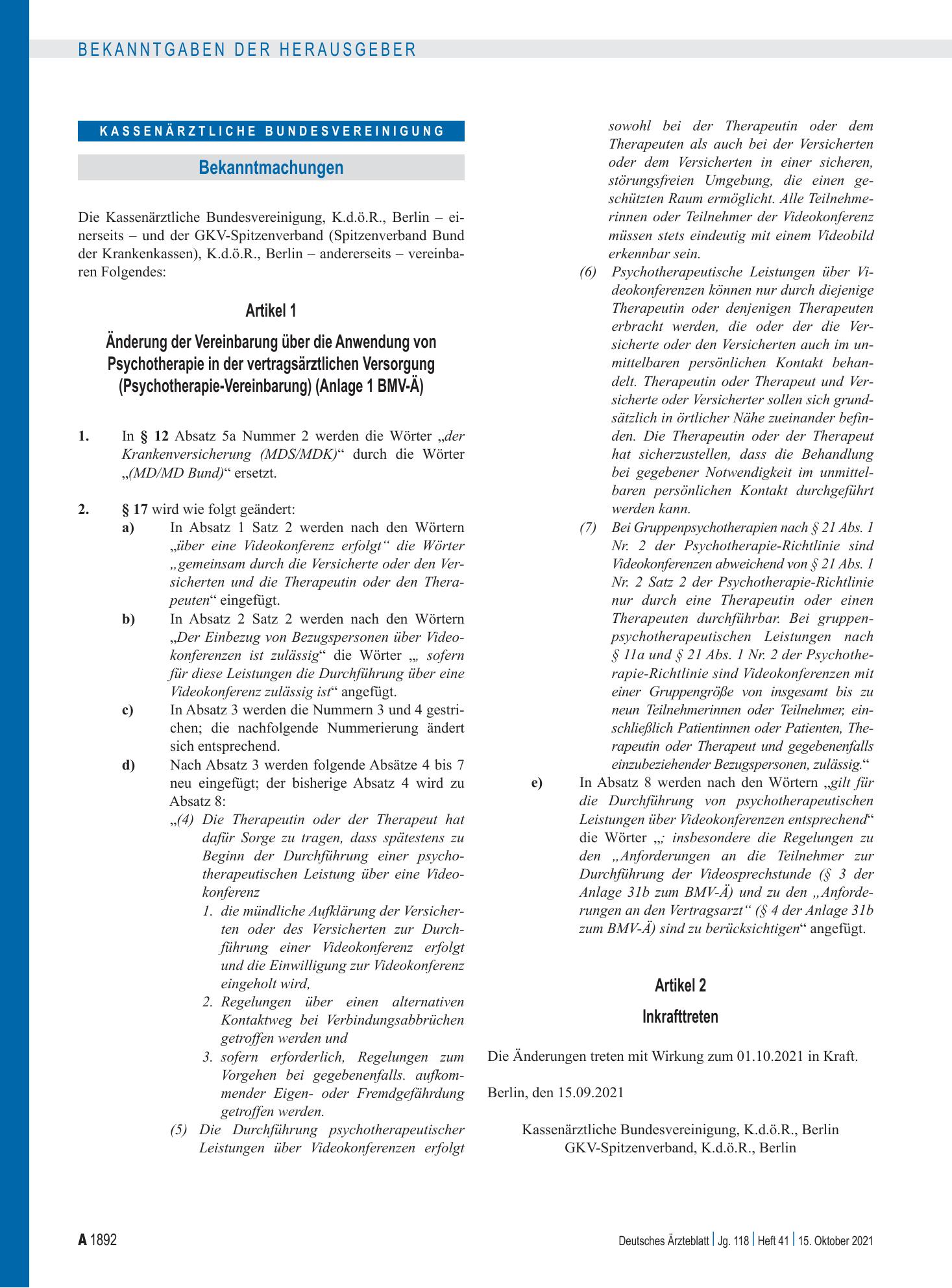 Vorschauseite 1: Änderung der Vereinbarung über die Anwendung von Psychotherapie in der vertragsärztlichen Versorgung (Psychotherapie-Vereinbarung) – Deutsches Ärzteblatt