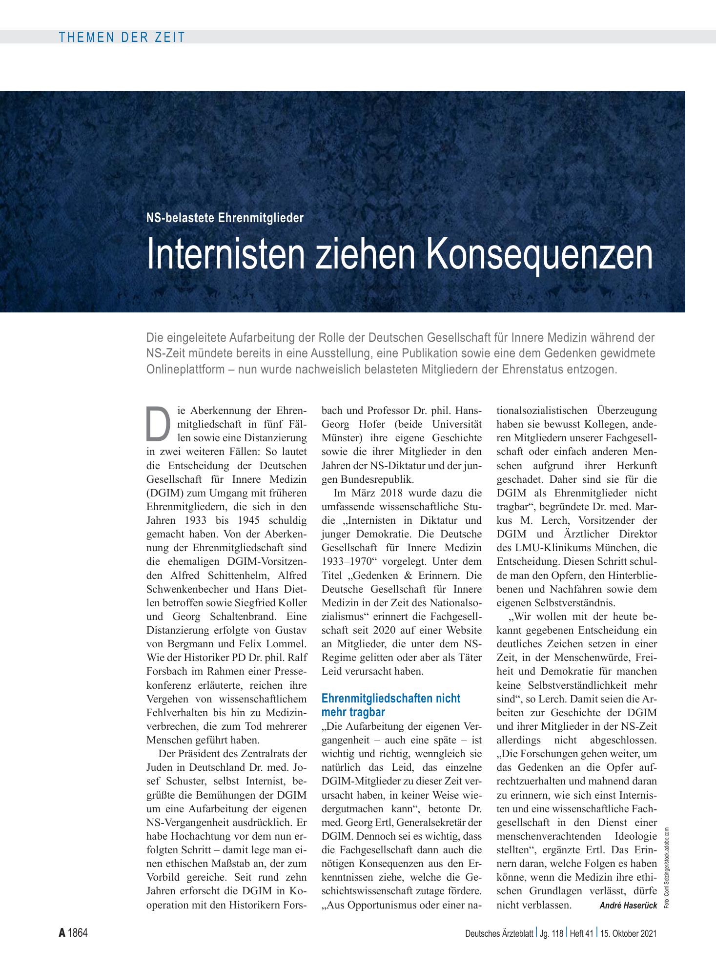 Vorschauseite 1: NS-belastete Ehrenmitglieder: Internisten ziehen Konsequenzen – Deutsches Ärzteblatt