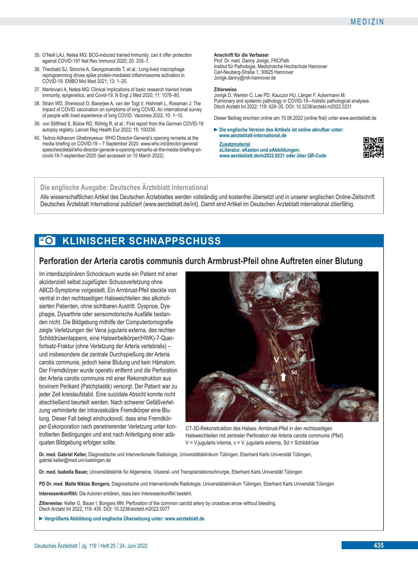 Vorschauseite 1: Perforation der Arteria carotis communis durch Armbrust-Pfeil ohne Auftreten einer Blutung – Deutsches Ärzteblatt