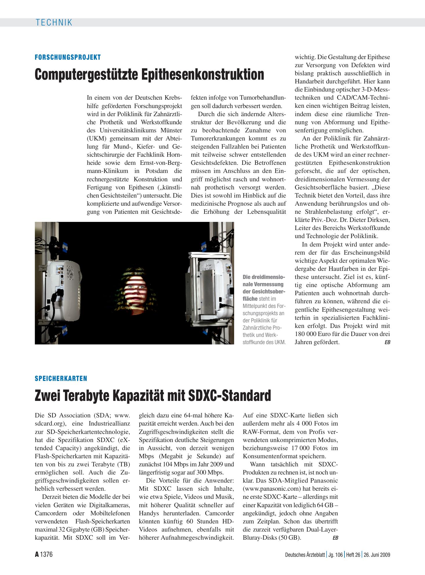 Vorschauseite 1: Forschungsprojekt: Computergestützte Epithesenkonstruktion – Deutsches Ärzteblatt