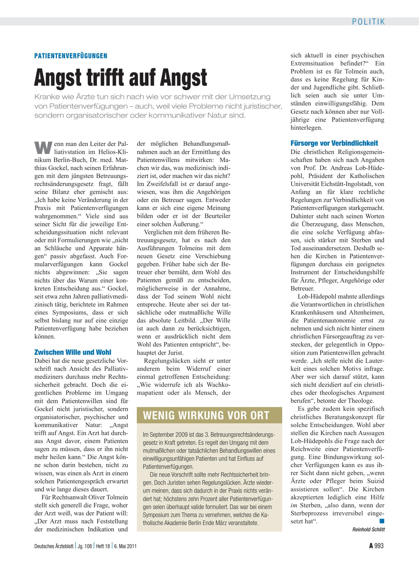 Vorschauseite 1: Patientenverfügungen: Angst trifft auf Angst – Deutsches Ärzteblatt