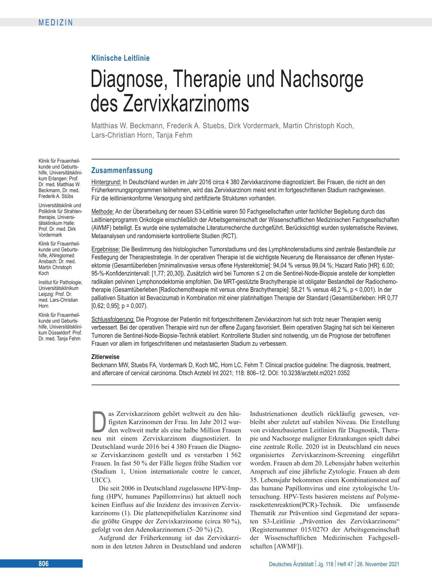 Vorschauseite 1: Diagnose, Therapie und Nachsorge des Zervixkarzinoms – Deutsches Ärzteblatt