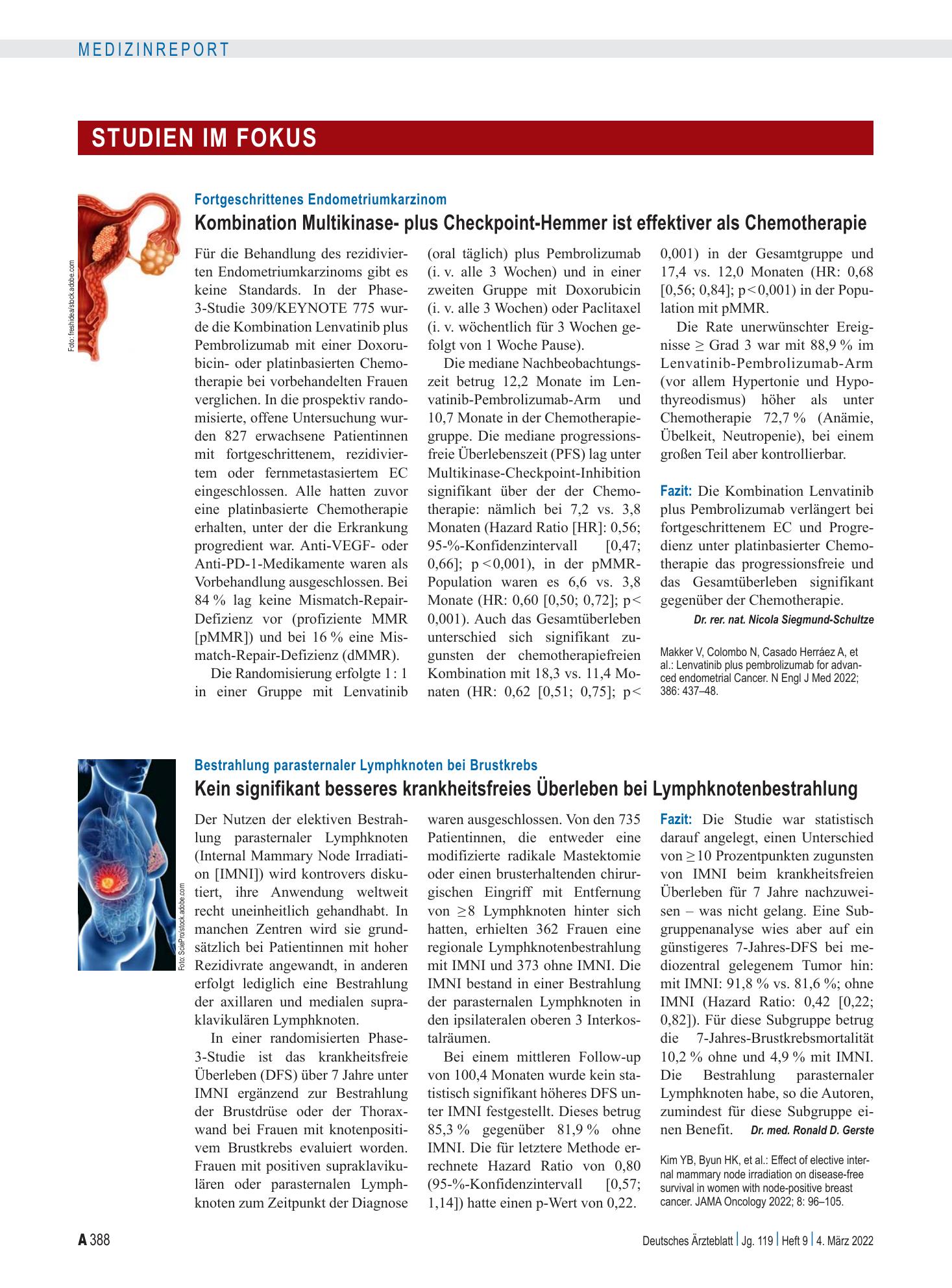 Vorschauseite 1: Fortgeschrittenes Endometriumkarzinom: Kombination Multikinase- plus Checkpoint-Hemmer ist effektiver als Chemotherapie – Deutsches Ärzteblatt