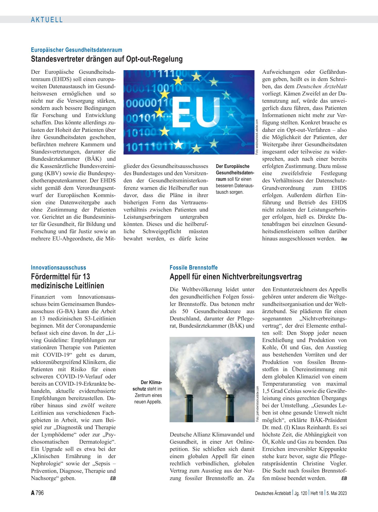 Vorschauseite 1: Innovationsausschuss: Fördermittel für 13 medizinische Leitlinien – Deutsches Ärzteblatt