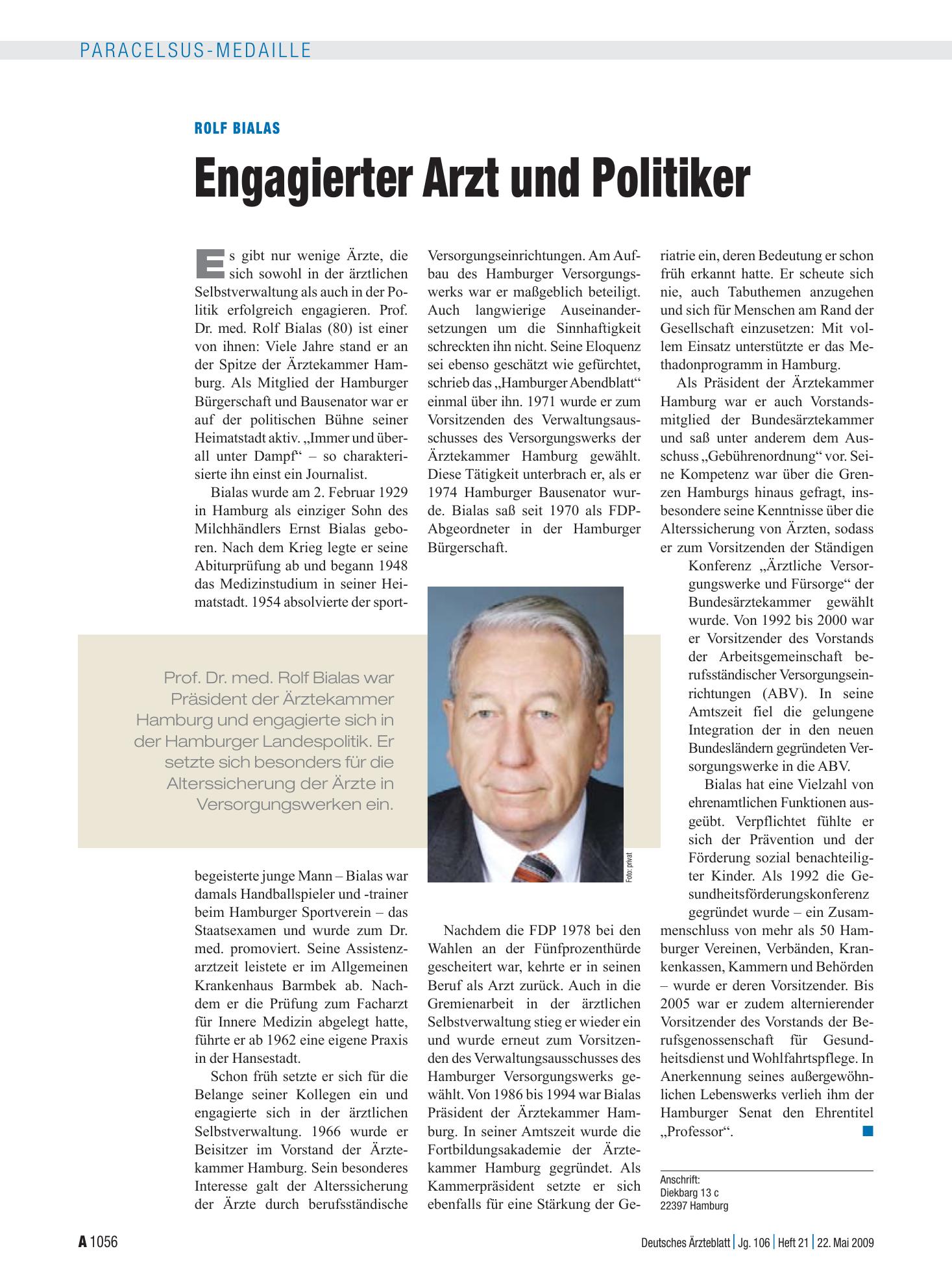 Vorschauseite 1: Rolf Bialas: Engagierter Arzt und Politiker – Deutsches Ärzteblatt