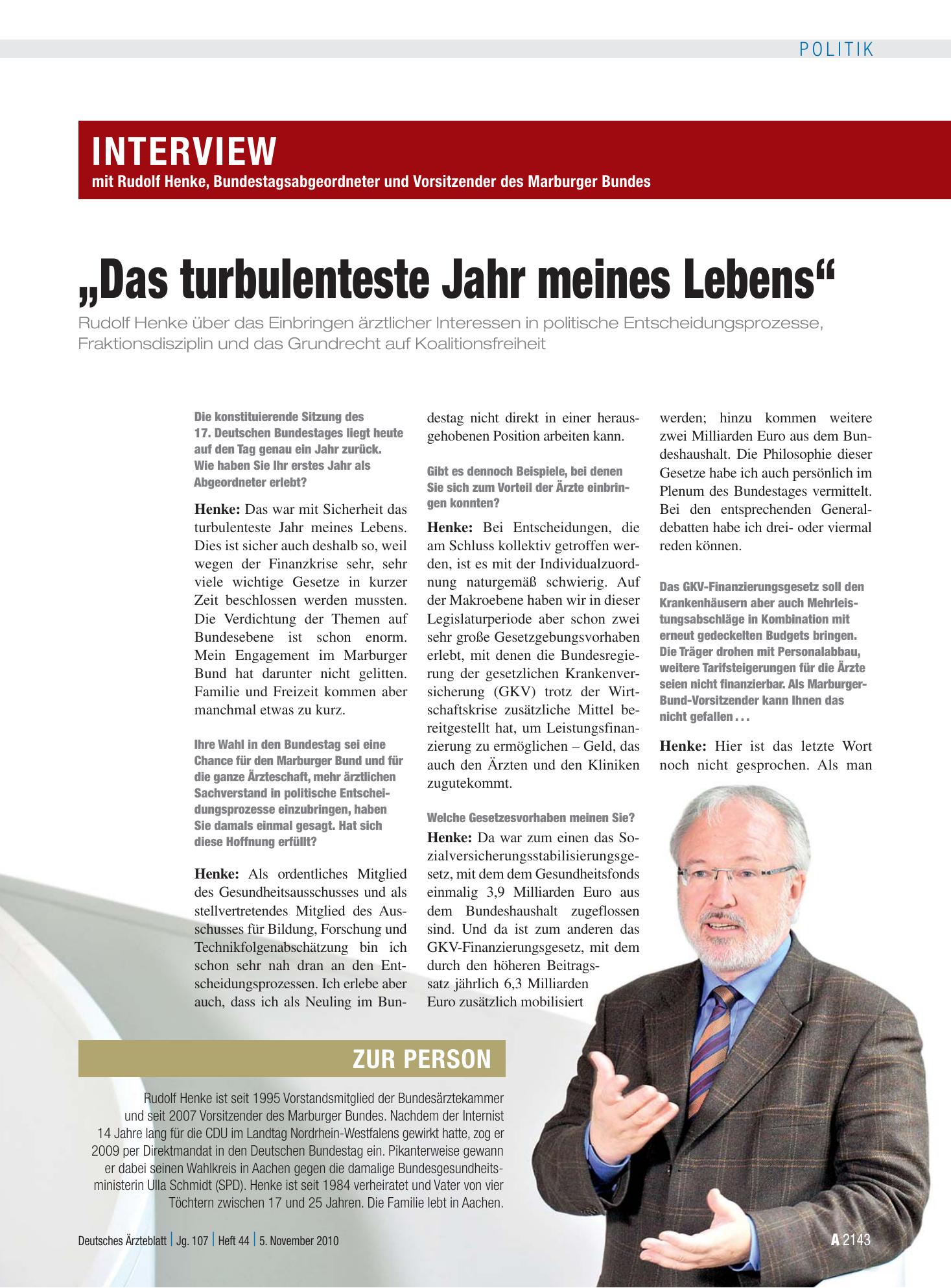Vorschauseite 1: Interview mit Rudolf Henke, Bundestagsabgeordneter und Vorsitzender des Marburger Bundes „Das turbulenteste Jahr meines Lebens“ – Deutsches Ärzteblatt