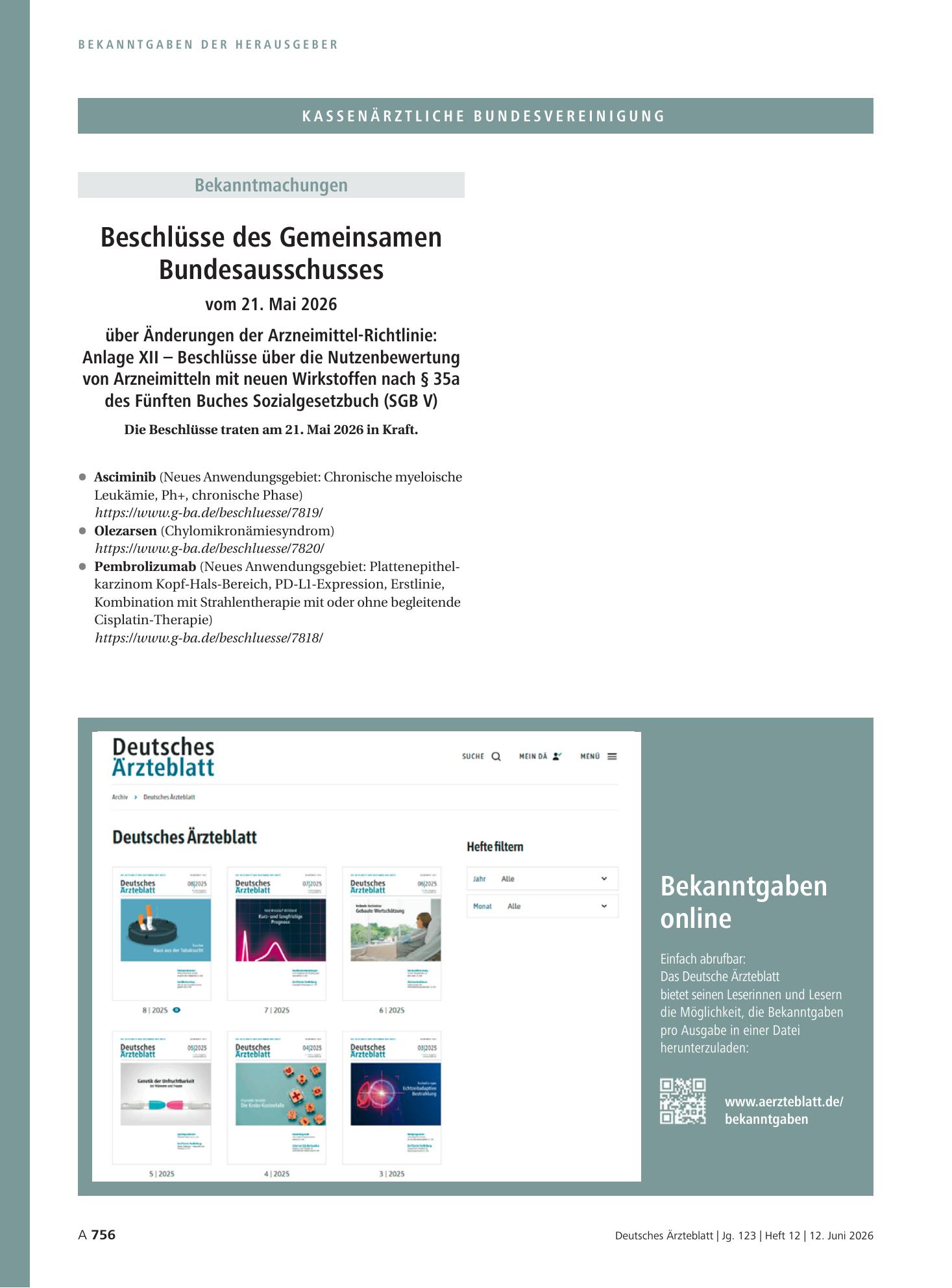 Vorschauseite 1: Beschlüsse des Gemeinsamen Bundesausschusses vom 21. Mai 2026 über Änderungen der Arzneimittel-Richtlinie: Anlage XII – Beschlüsse über die Nutzenbewertung von Arzneimitteln mit n…