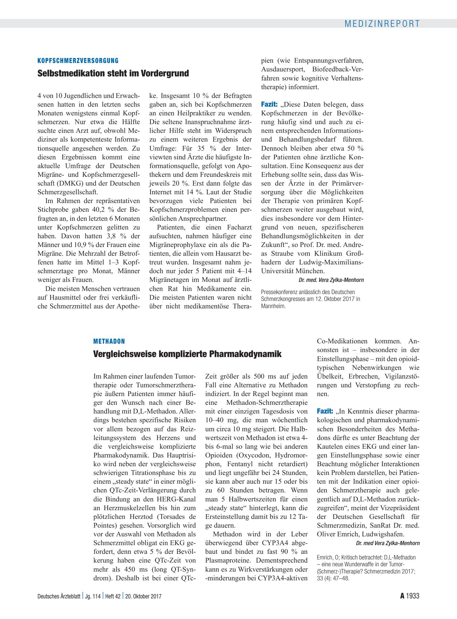 Vorschauseite 1: Methadon: Vergleichsweise komplizierte Pharmakodynamik – Deutsches Ärzteblatt