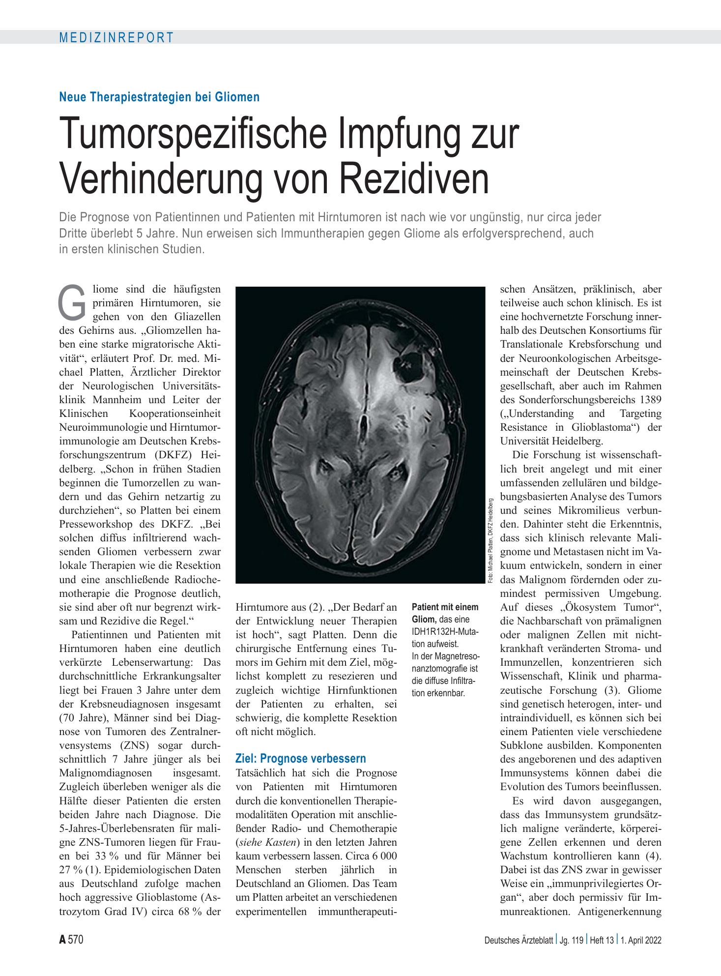 Vorschauseite 1: Neue Therapiestrategien bei Gliomen: Tumorspezifische Impfung zur Verhinderung von Rezidiven – Deutsches Ärzteblatt
