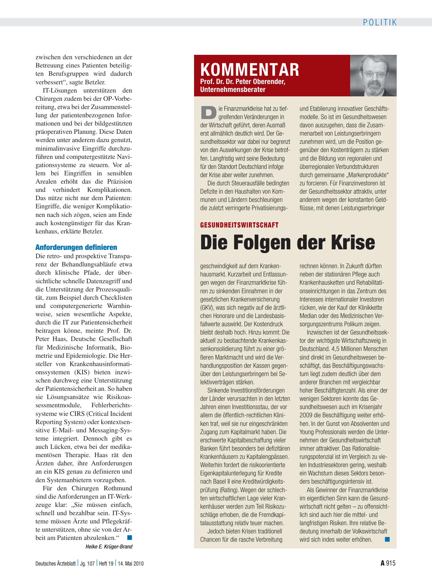Vorschauseite 1: Gesundheitswirtschaft: Die Folgen der Krise – Deutsches Ärzteblatt