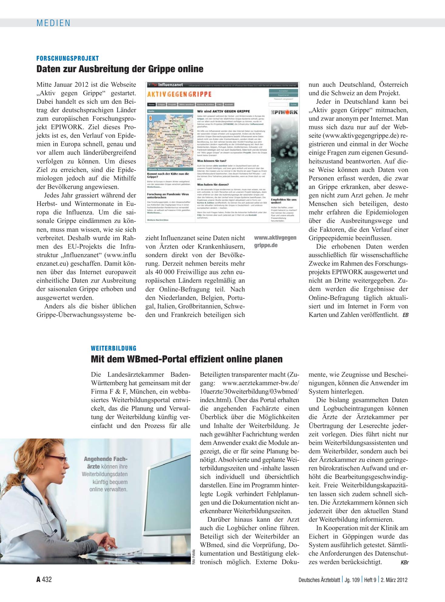 Vorschauseite 1: Weiterbildung: Mit dem WBmed-Portal effizient online planen – Deutsches Ärzteblatt