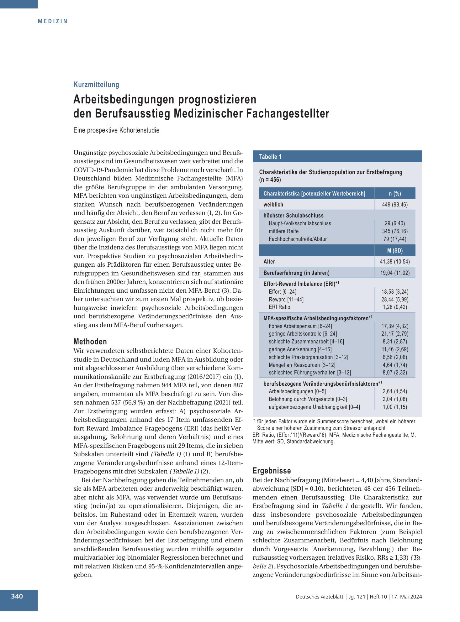 Vorschauseite 1: Arbeitsbedingungen prognostizieren den Berufsausstieg Medizinischer Fachangestellter – Deutsches Ärzteblatt