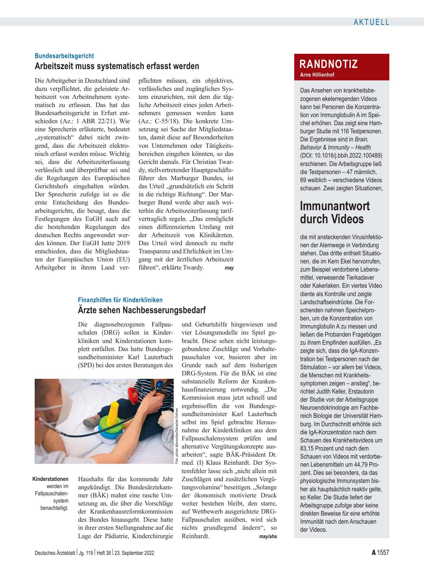 Vorschauseite 1: Bundesarbeitsgericht: Arbeitszeit muss systematisch erfasst werden – Deutsches Ärzteblatt