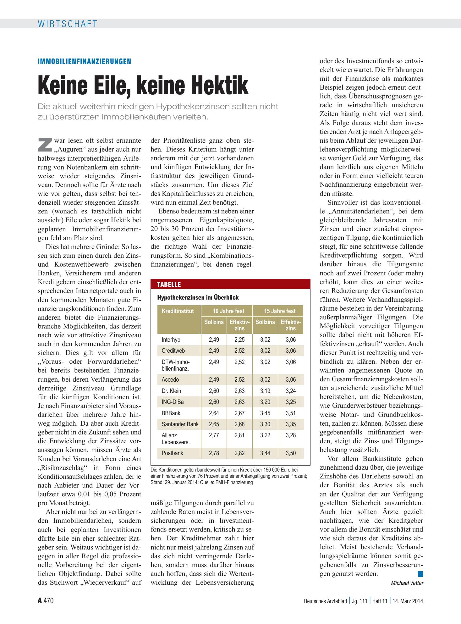 Vorschauseite 1: Immobilienfinanzierungen: Keine Eile, keine Hektik – Deutsches Ärzteblatt