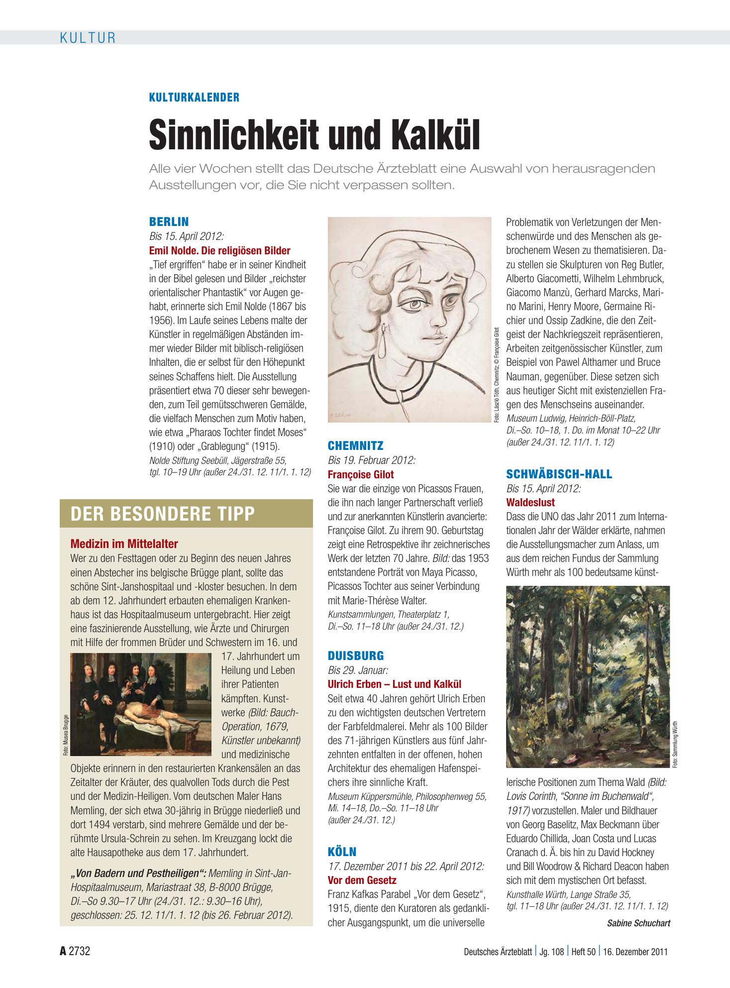 Vorschauseite 1: Kulturkalender: Sinnlichkeit und Kalkül – Deutsches Ärzteblatt