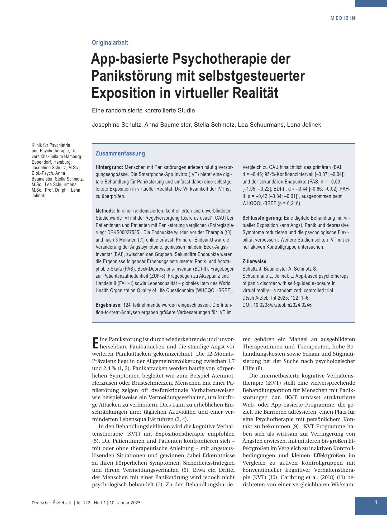 Vorschauseite 1: App-basierte Psychotherapie der Panikstörung mit selbstgesteuerter Exposition in virtueller Realität – Deutsches Ärzteblatt