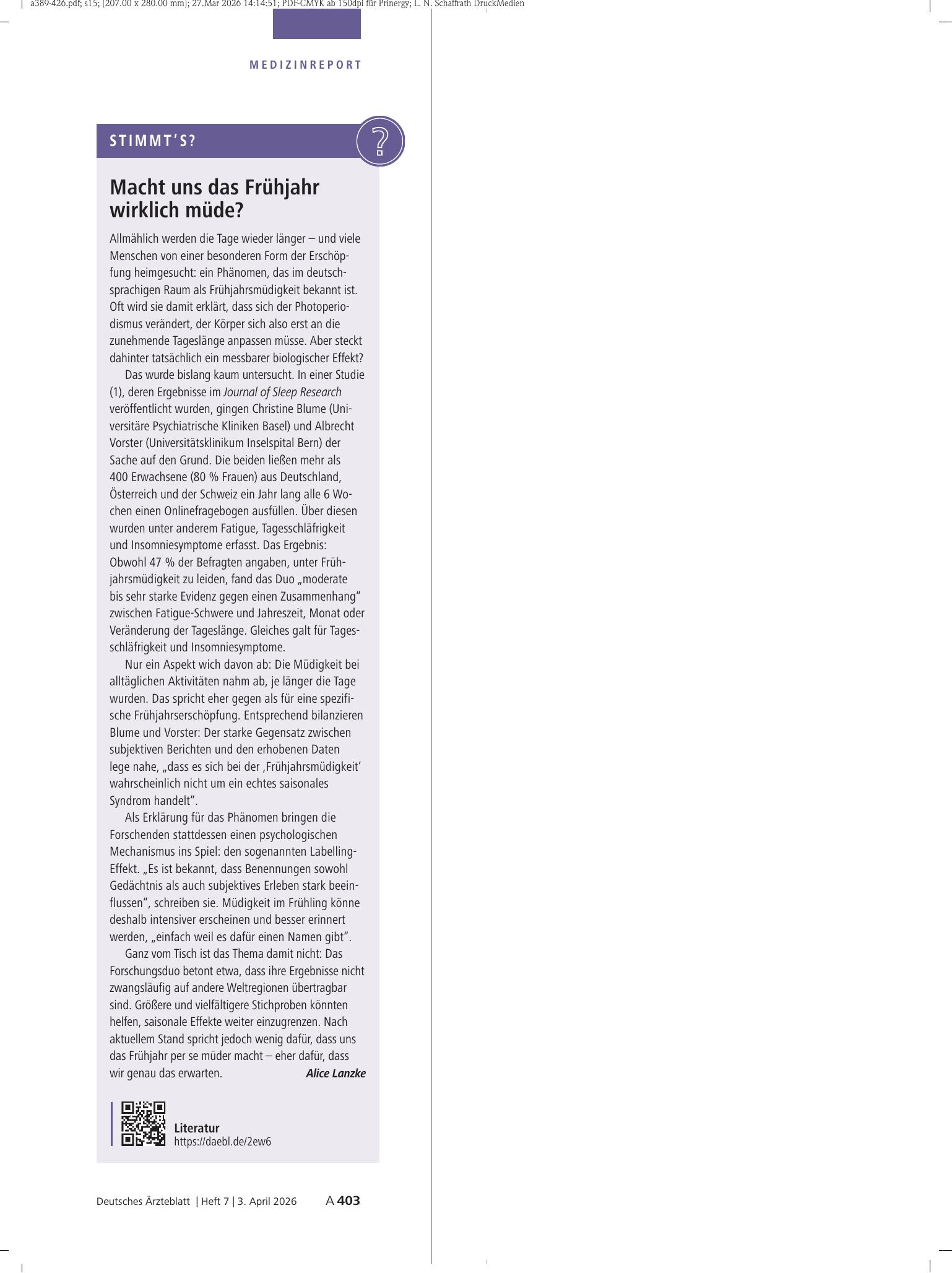 Vorschauseite 1: Macht uns das Frühjahr wirklich müde? – Deutsches Ärzteblatt