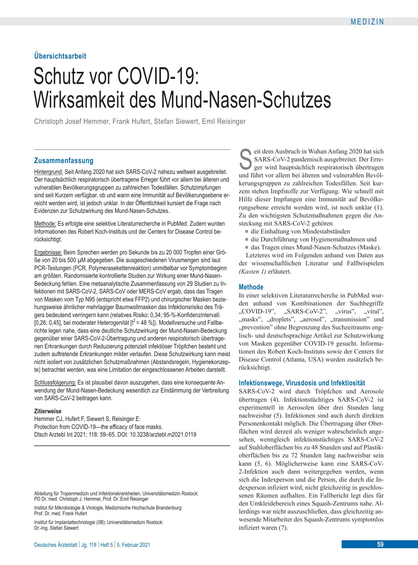 Vorschauseite 1: Schutz vor COVID-19: Wirksamkeit des Mund-Nasen-Schutzes – Deutsches Ärzteblatt