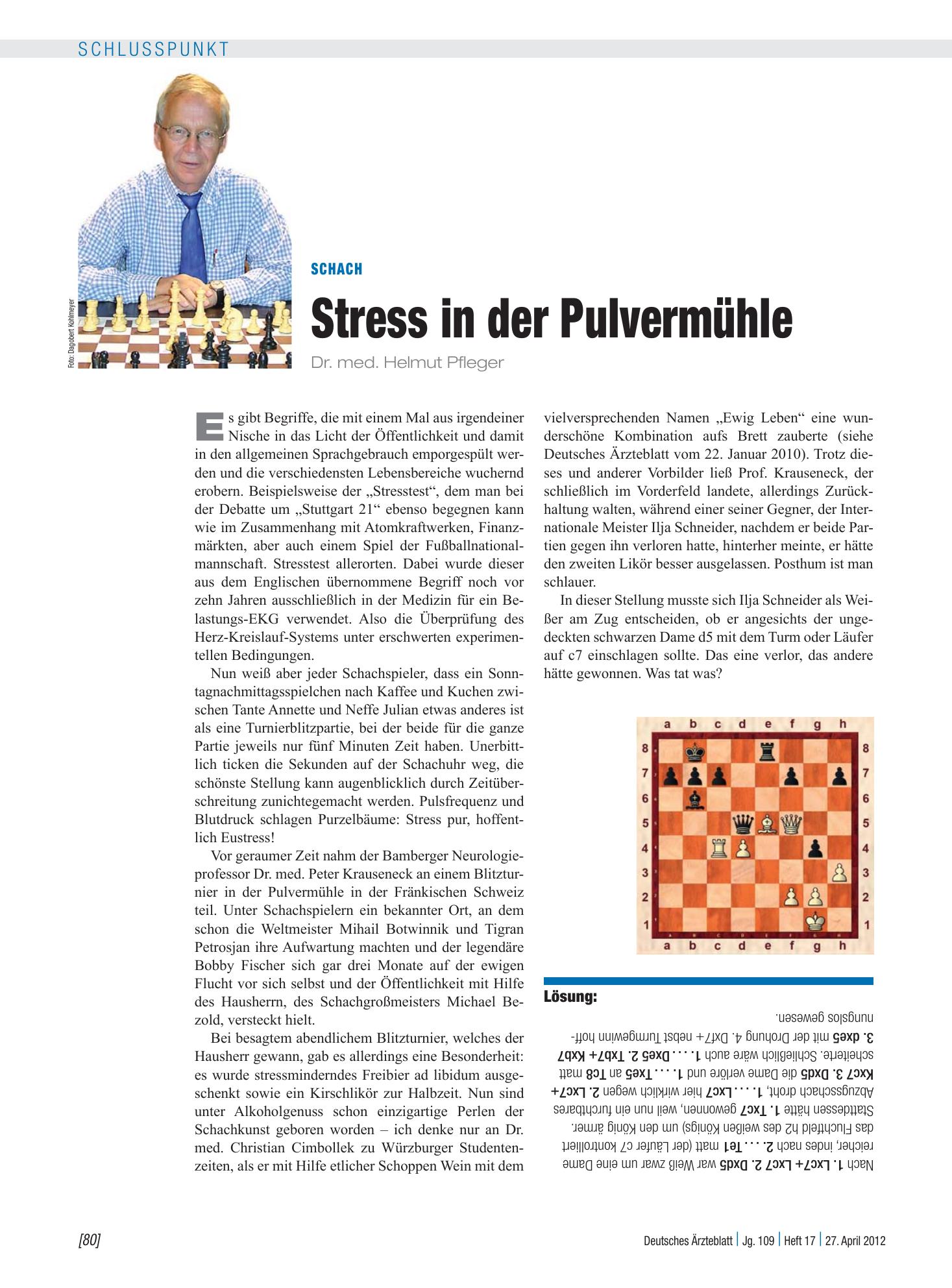 Vorschauseite 1: Schach: Stress in der Pulvermühle – Deutsches Ärzteblatt